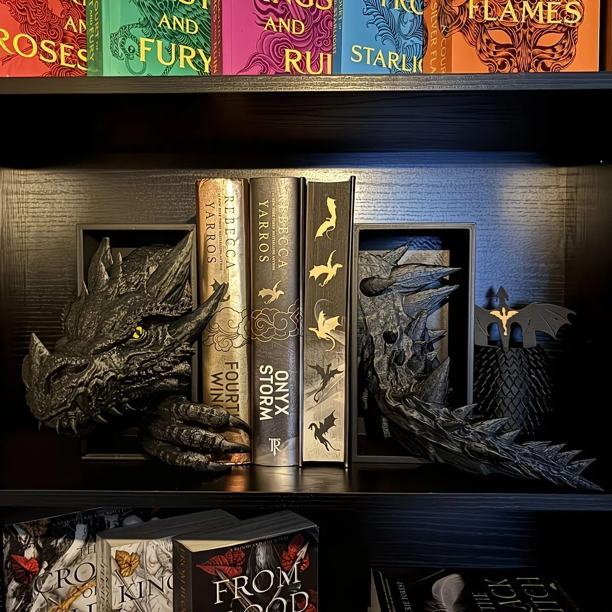 2Pcs Dragon Head & Dragon Tail Bookends Set, Cool Fantasy Dragon Book Stopper Shelf Decor Desk Accessories Decor, Non-Electric Home Display Ornament, Ideal Gift For Birthday Halloween Christmas