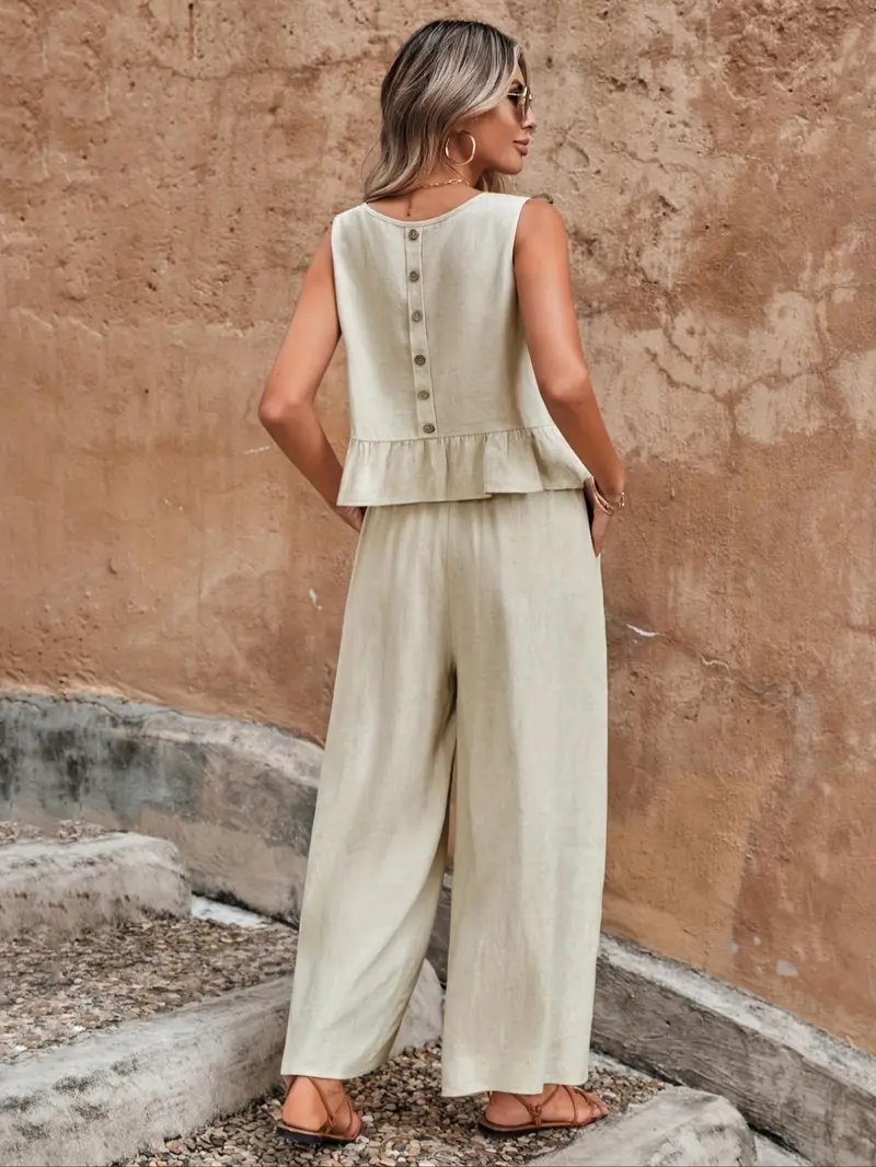 Women's Solid Ruffle Hem Sleeveless Tank Top & Elastic Waist Wide Leg Pants Essential Set, Casual Button-Detail Round Neck Top & Pocket Trousers, Ladies Summer Clothes, Clothing Sets