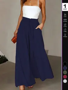 Women's Flowy Palazzo Pants, High Waisted Paperbag Wide Leg Trousers, Boho Style, Loose-Fitting, with Pockets, Solid Color