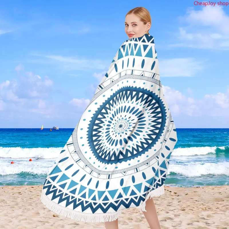 Printed Round Microfiber Beach Towel with decorative fringe tassels, ultra soft lightweight quick-dry circle beach blanket, vivid patterned portable mat perfect for seaside outings, poolside relaxation, picnic and summer outdoor travel