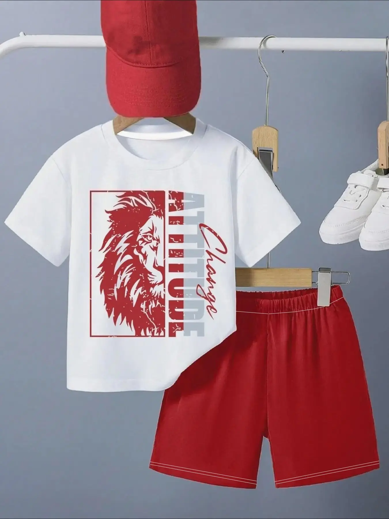 Boy's Casual Short Sleeve Shorts Set, Lion and Letter Print, Slim-Fit, Base, Daily Commute, School, Sports Wear, Summer Clothing Set
