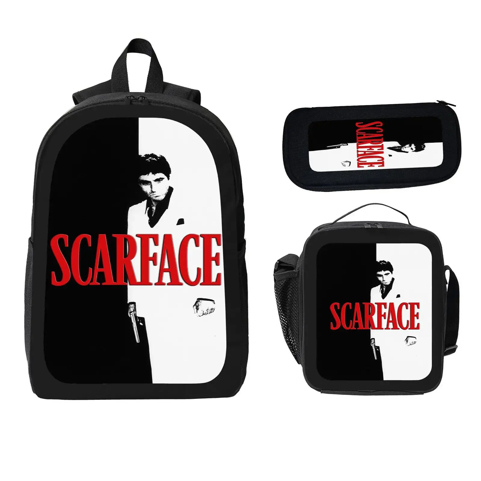 Scarface 3 Pcs School Backpack Set for Boys Girls Kids, Large Capacity Bookbag with Insulated Lunch Bag Pencil Case, Water Resistant Travel Daypack for Elementary Middle School e-64