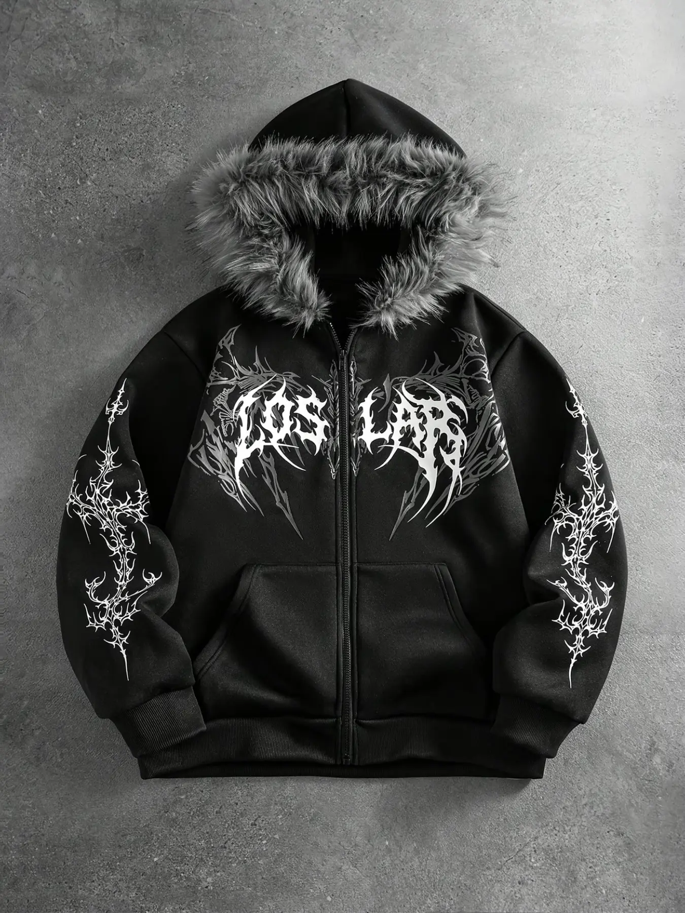 Men's Faux Fur Lined Zipper Hoodie, Thick Polar Fleece Warm Fabric, Gothic Street Style, Thorn Print, Large Fur Collar + Pocket Design