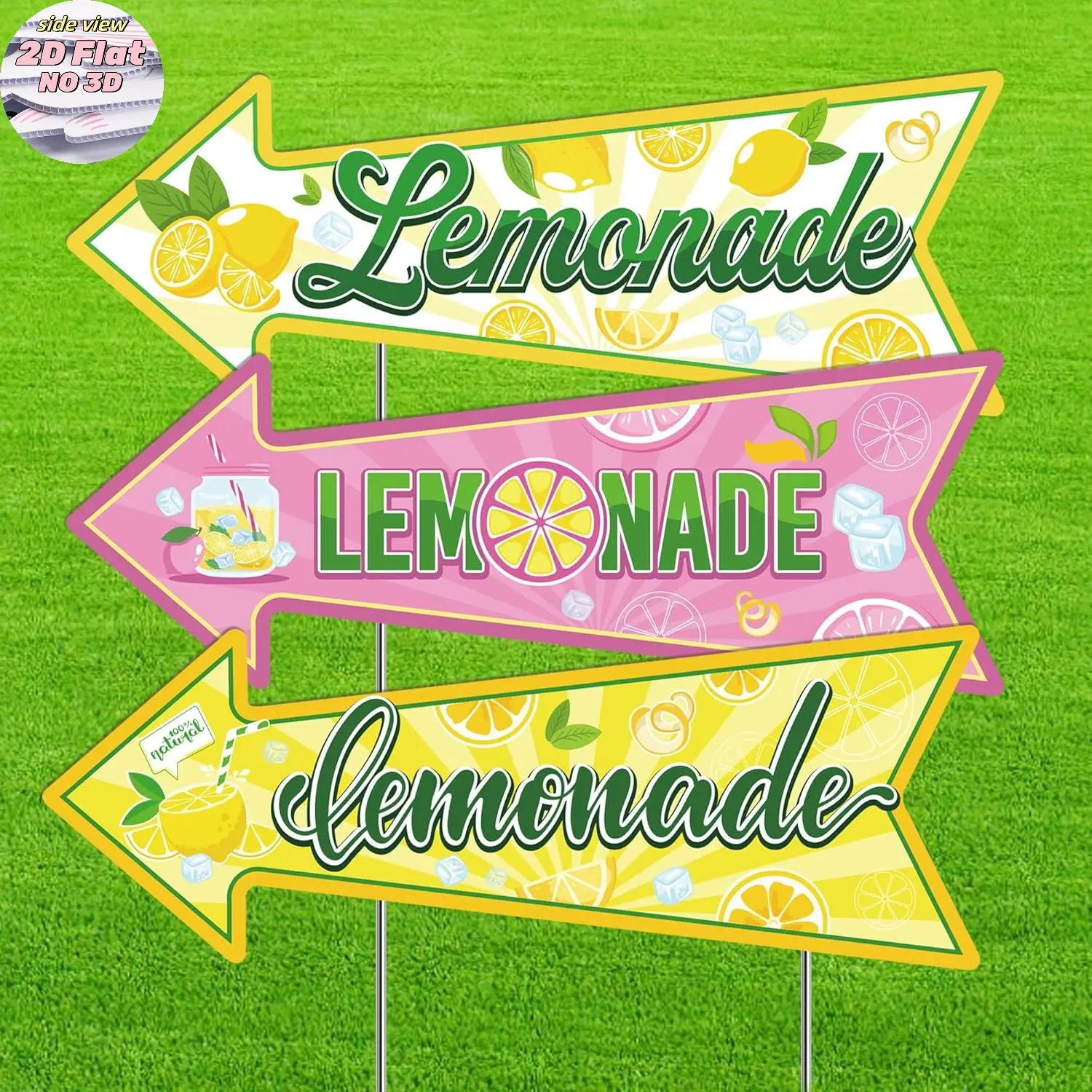 2D Flat 3pcs Lemonade Stand Supplies, Summer Lemonade Bar Sign with Stakes, Plastic Corrugated Yard Signs, Outdoor Advertising