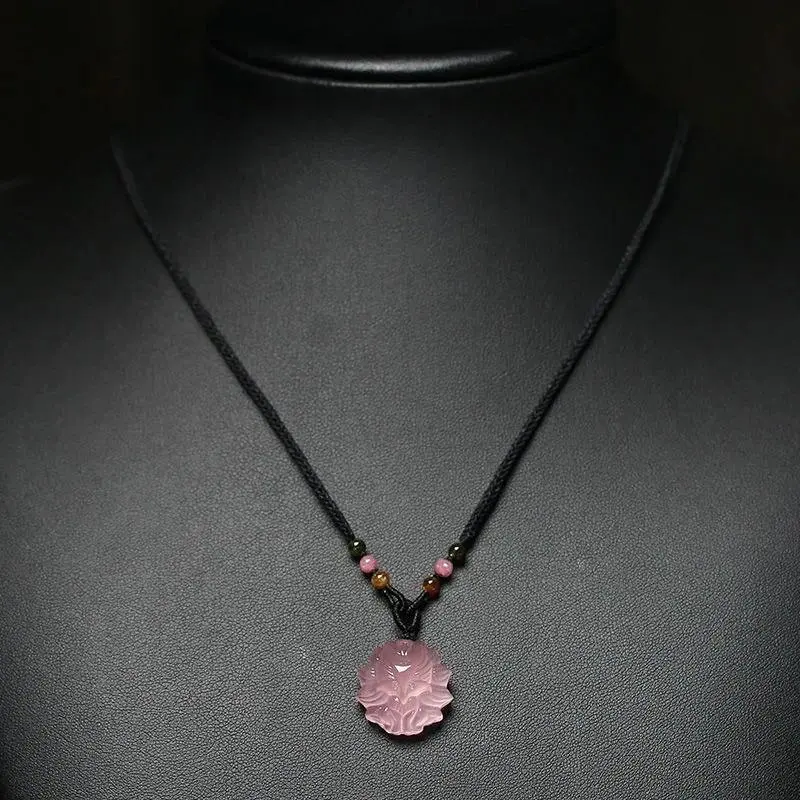 Pink Crystal Nine Tailed Little Fox Pendant with Collarbone and Hibiscus Crystal As A Female Best Friend Accessory
