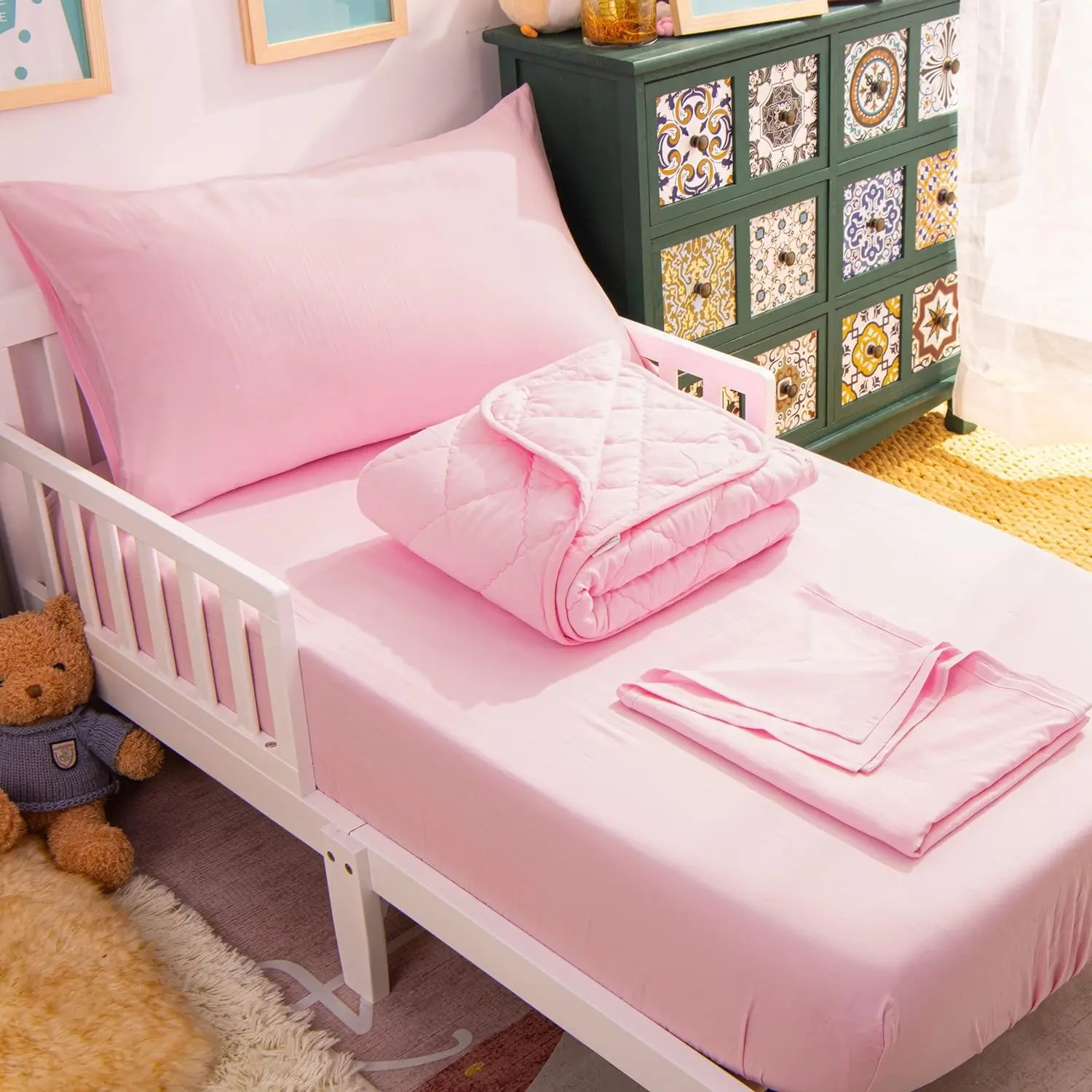 Toddler Bedding Set - 4 Piece Soft and Breathable Crib Bedding Set for Boys and Girls, Includes Quilted Comforter, Fitted Sheet, Flat Top Sheet and Envelope Pillowcase, Pink