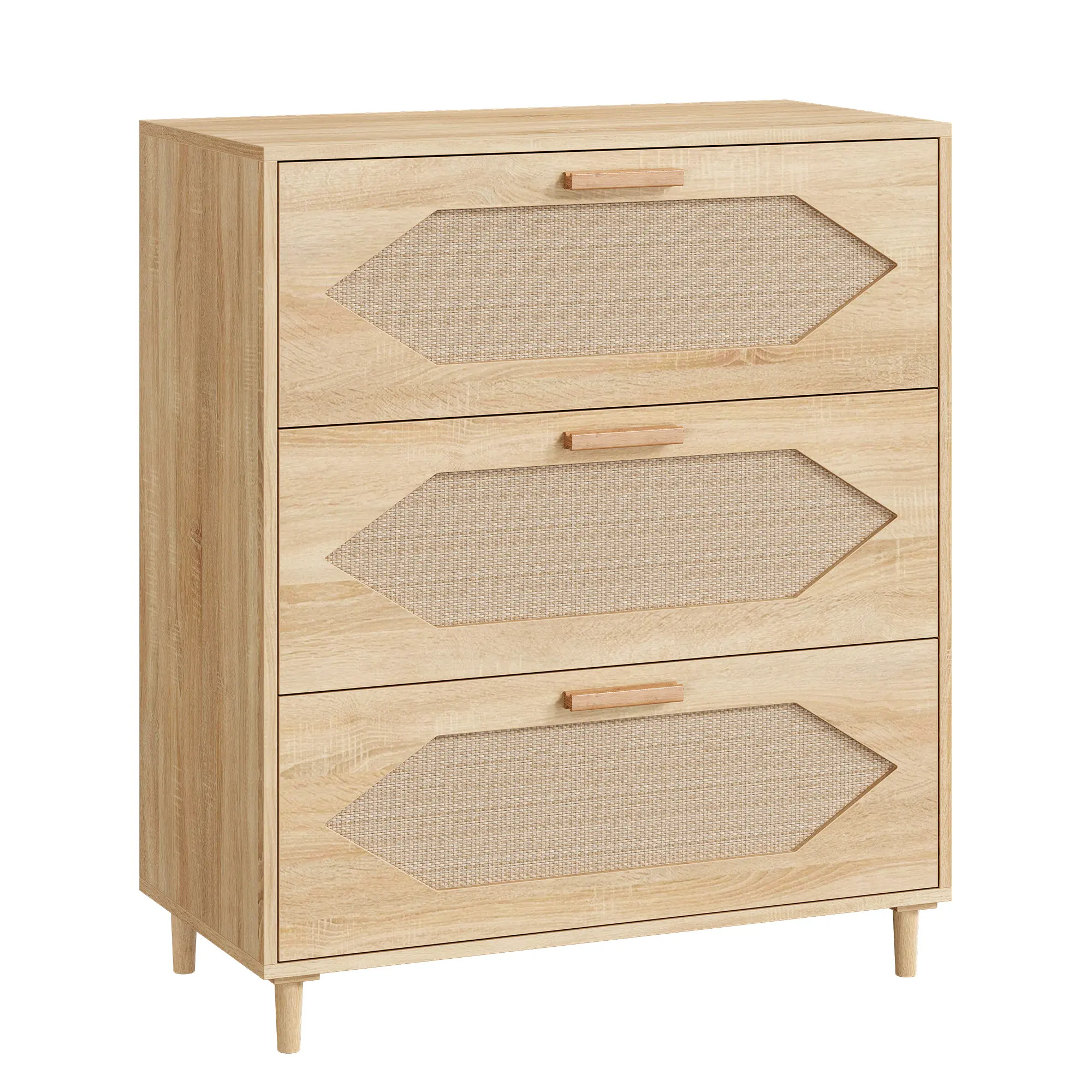 Modern 3 Drawer Rattan Dresser Rustic Oak Wooden Chest Of Drawers Natural Boho Style Storage Cabinet Woven Cane Drawer Fronts Credenza Console For Bedroom Living Room Hallway
