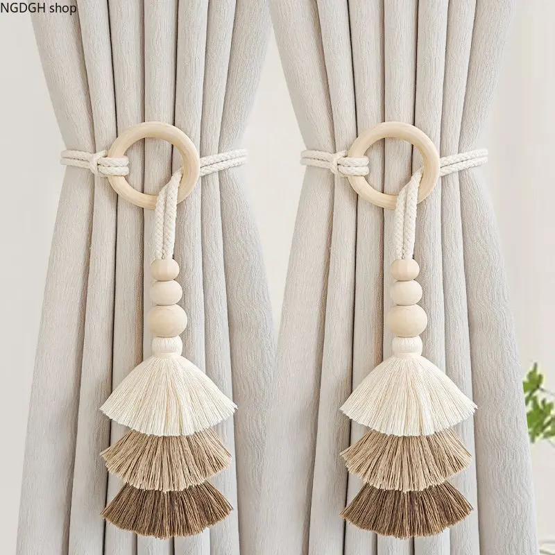 Boho Beige Tassel Curtain Tieback - Wooden Bead Rope Holder, Window Decor Home Accessory for Bedroom (Sports & Outdoor Themed Home Accent), Adjustable Length, Tassel Holder, Adjustable Rope, [Adjustable] Wooden Ring 6 Beads 2 Pack