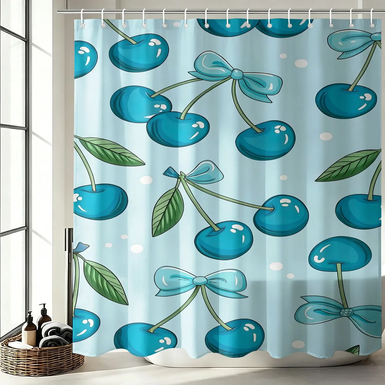 Light Blue Cherry Bow Print Shower Curtain, 72"x72", Decorative curtains with 12 Hooks, Waterproof Fabric Bath Curtain, Cute Sweet Style Bathroom Decor