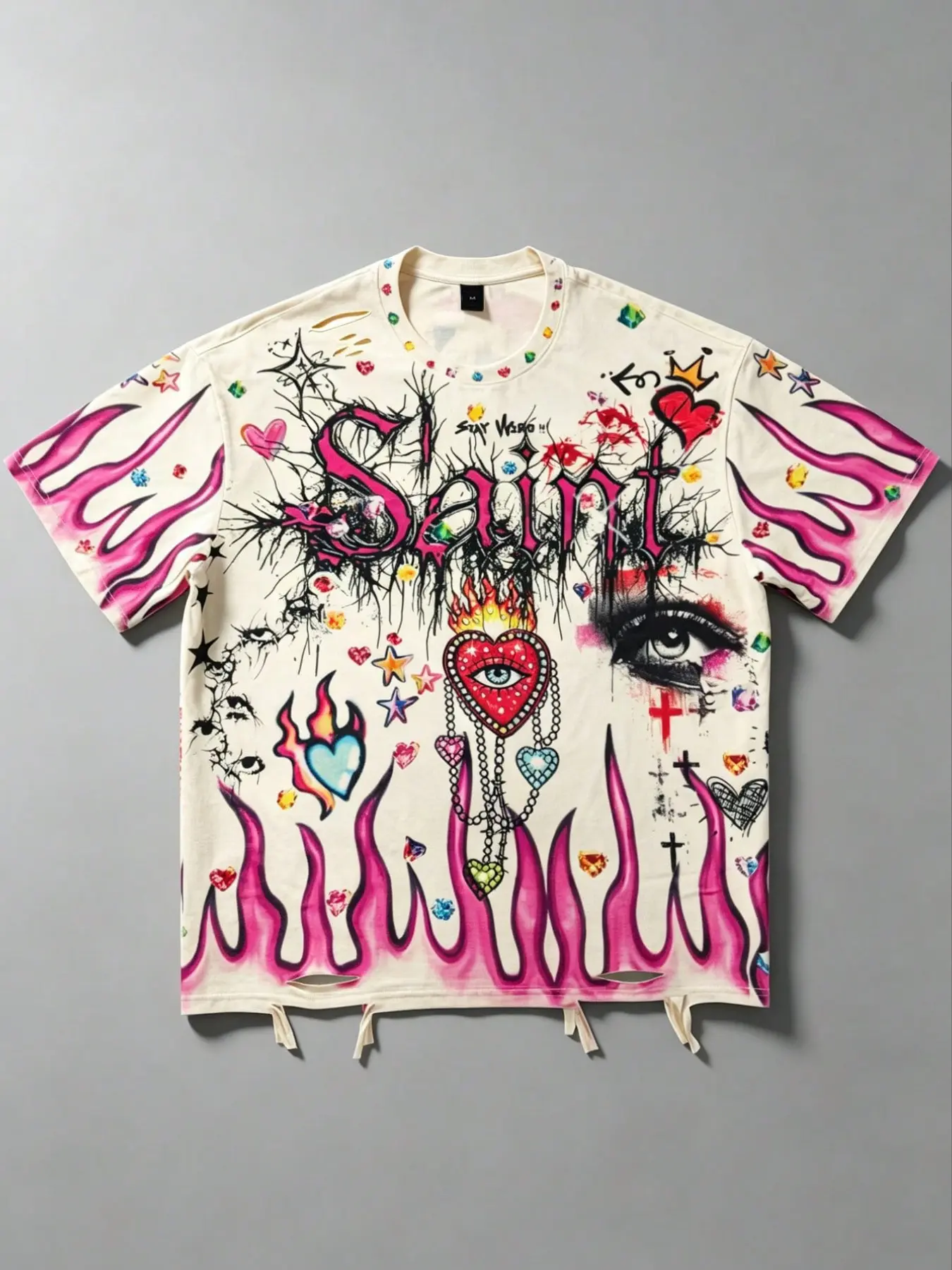 Saint Pink Flame Sky Eye Cross Hem Ripped and Distressed Men's Short-Sleeve T-Shirt, Unisex, Y2K American Hip Hop Retro Graffiti Heart Gem Flame All-Over Print Loose Short-Sleeve Top for Women and Men, Summer Street Style