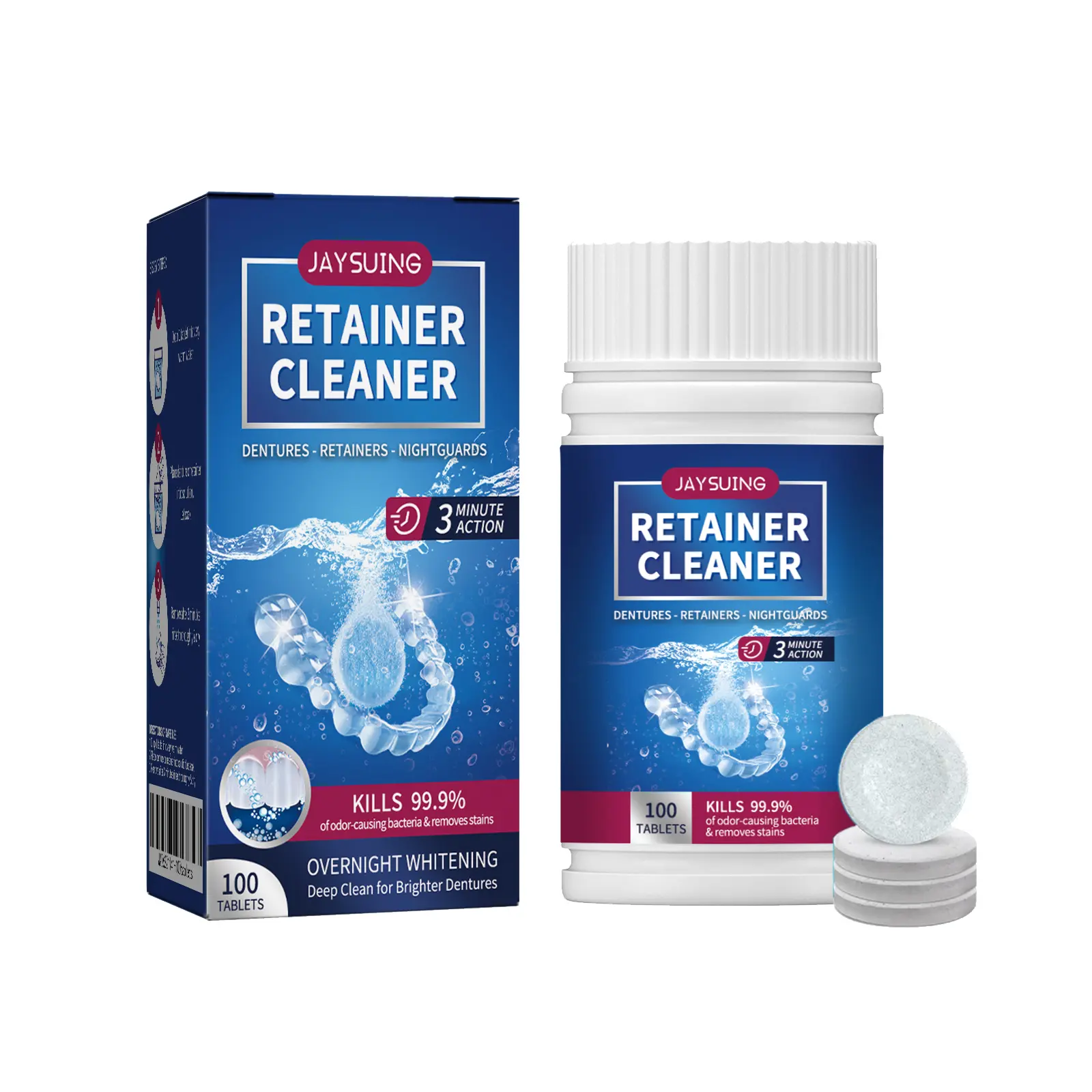 Jaysuing Denture Cleaning Tablet, White Denture Fresh Breath Oral Care Cleaning Tablet