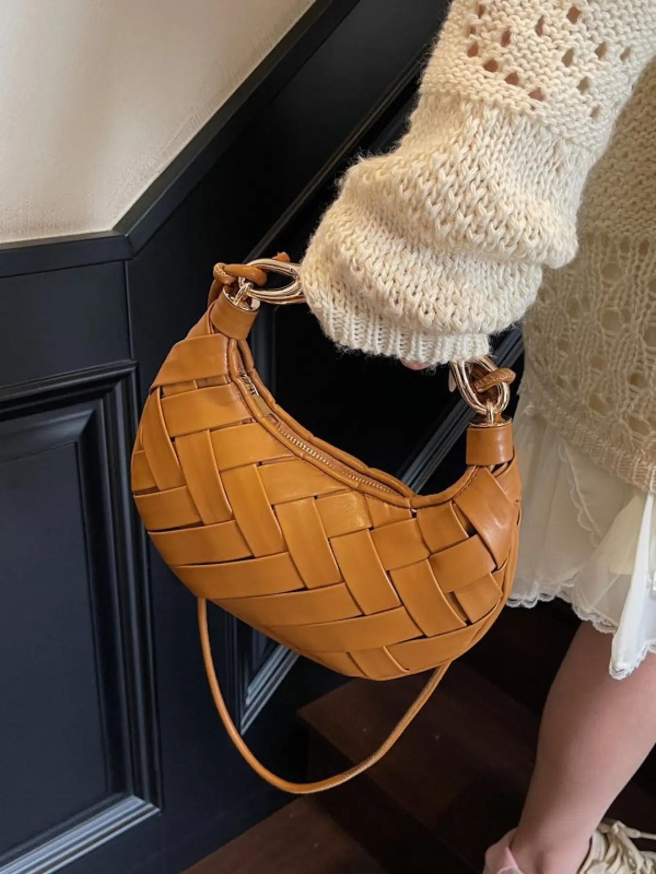 Women's Braided Texture Handbag, Crescent Moon Dumpling Bag, New Unique Design, Korean Style Shoulder Crossbody Bag, Fashionable Accessory, Casual Trendy Bag