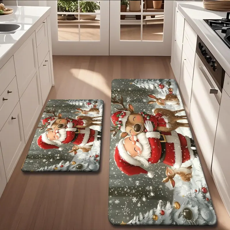 2pcs/3pcs Flannel Kitchen Mat Set, Snowy Background, Christmas Decor, Non-Slip, Absorbent Floor Mat, Home Decoration