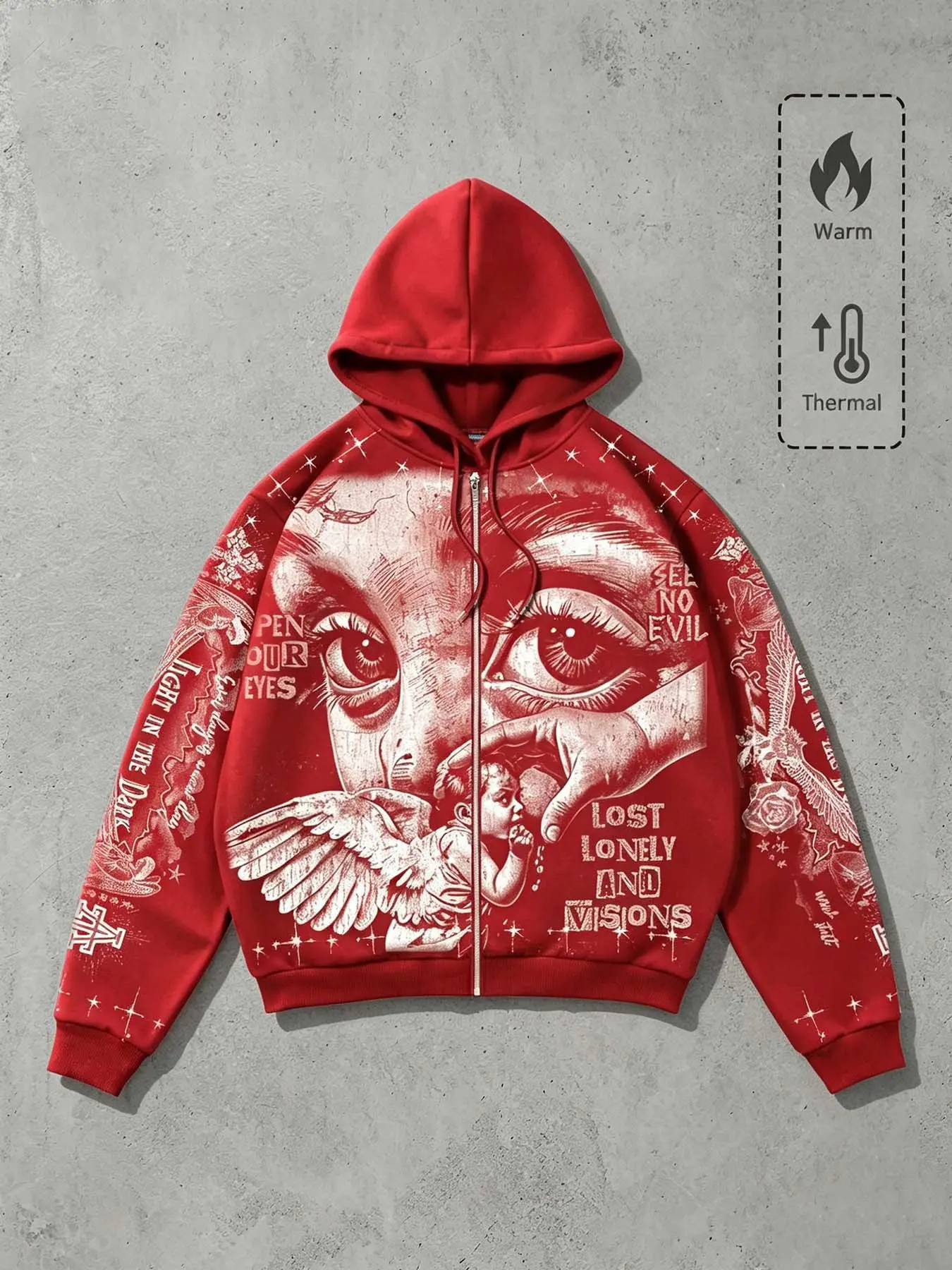 Vintage Angel Eye Pattern Hooded Zipper Long Sleeve Fashion Sweatshirt, Warm Hoodie Jacket, Y2K Gothic Streetwear, Full Print Sports Sweatshirt