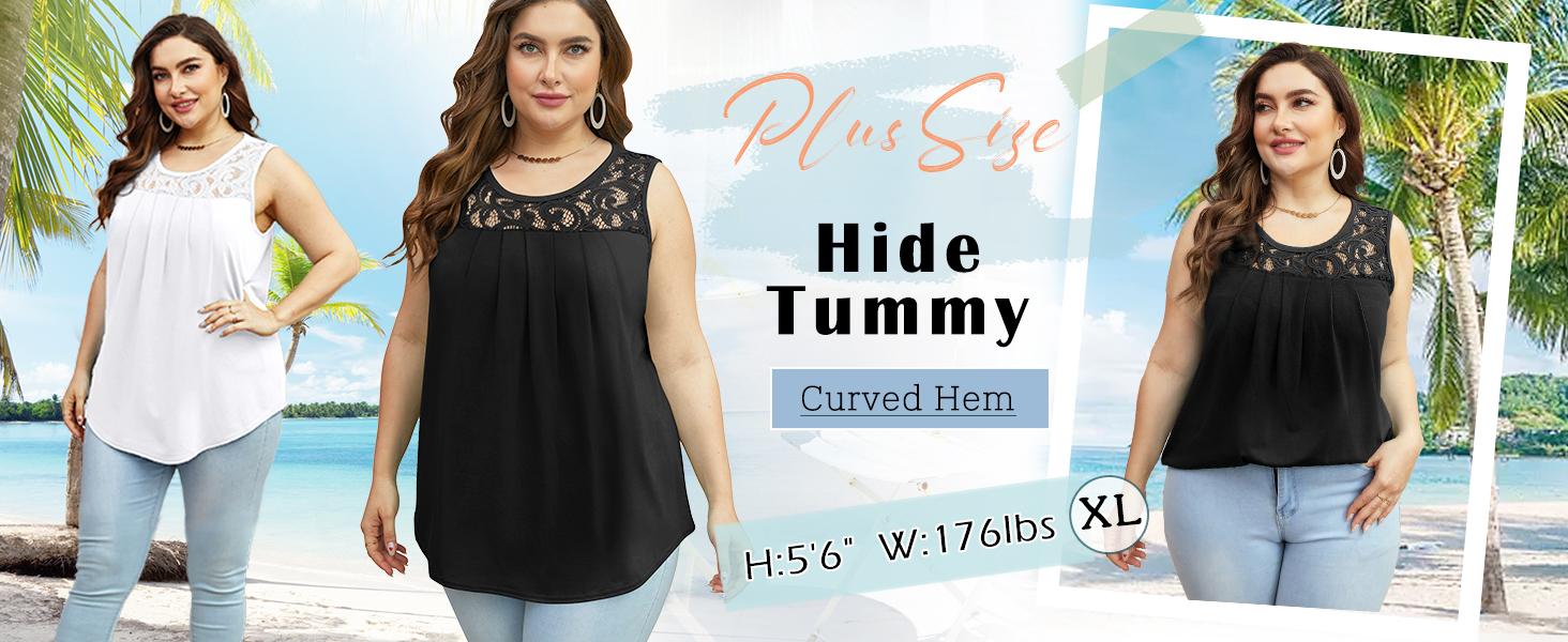 WIHOLL Summer Tank Tops for Women Loose Fit Pleated Tunics Scoop Neck Sleeveless Lace Tops Curved Hem Flowy SpringStatements