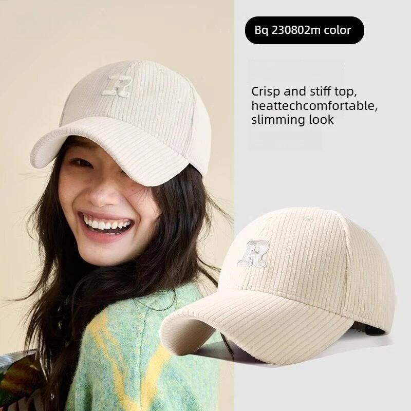 1pc Corduroy Baseball Cap with 3D Embroidered 'R' Letter Maillard Color Palette Adjustable StructuredHat Stylish Accessory Women