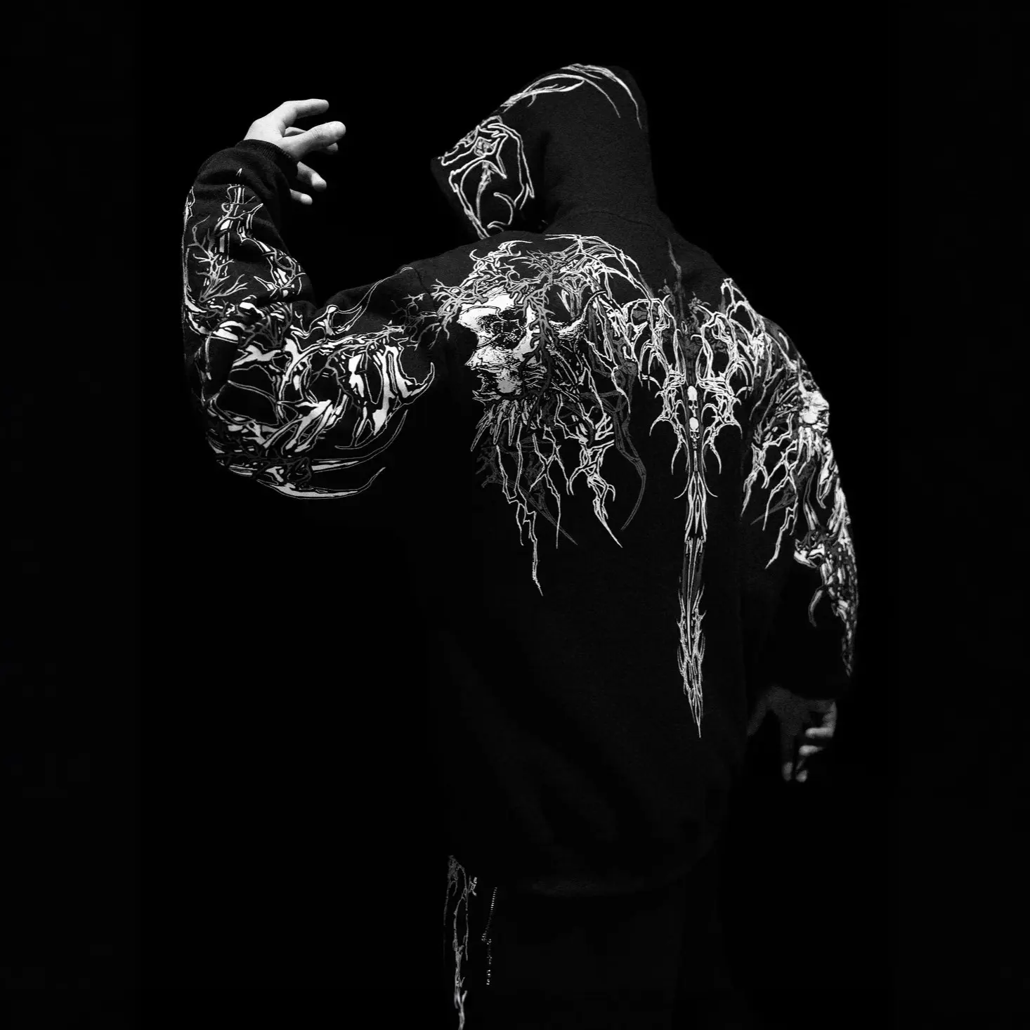 Men's Gothic Skeleton Cross Graphic Hoodie, Black Long-Sleeve Hooded Sweatshirt with White Back, Hood and Sleeve Print, Regular-Fit Dark Y2K Punk Streetwear Top for Casual Looks, Daily Wear, Concerts, Halloween, Fall Fashion and Black Friday Holiday Gifts
