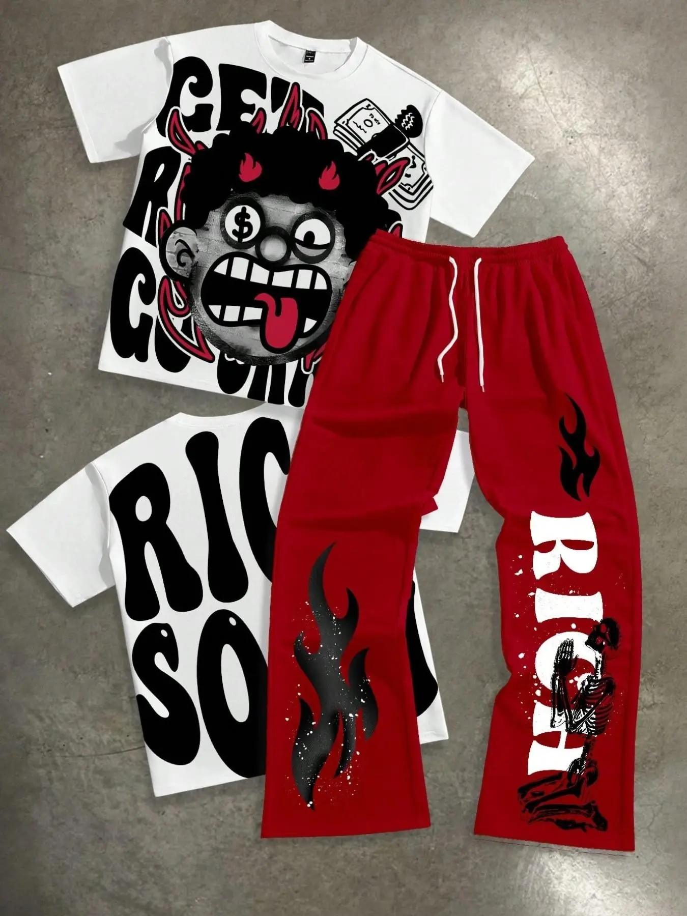 Two-piece men's casual Streetwear street style crew neck short-sleeved T-shirt and flared sweatpants set with fun portrait and letter patterns