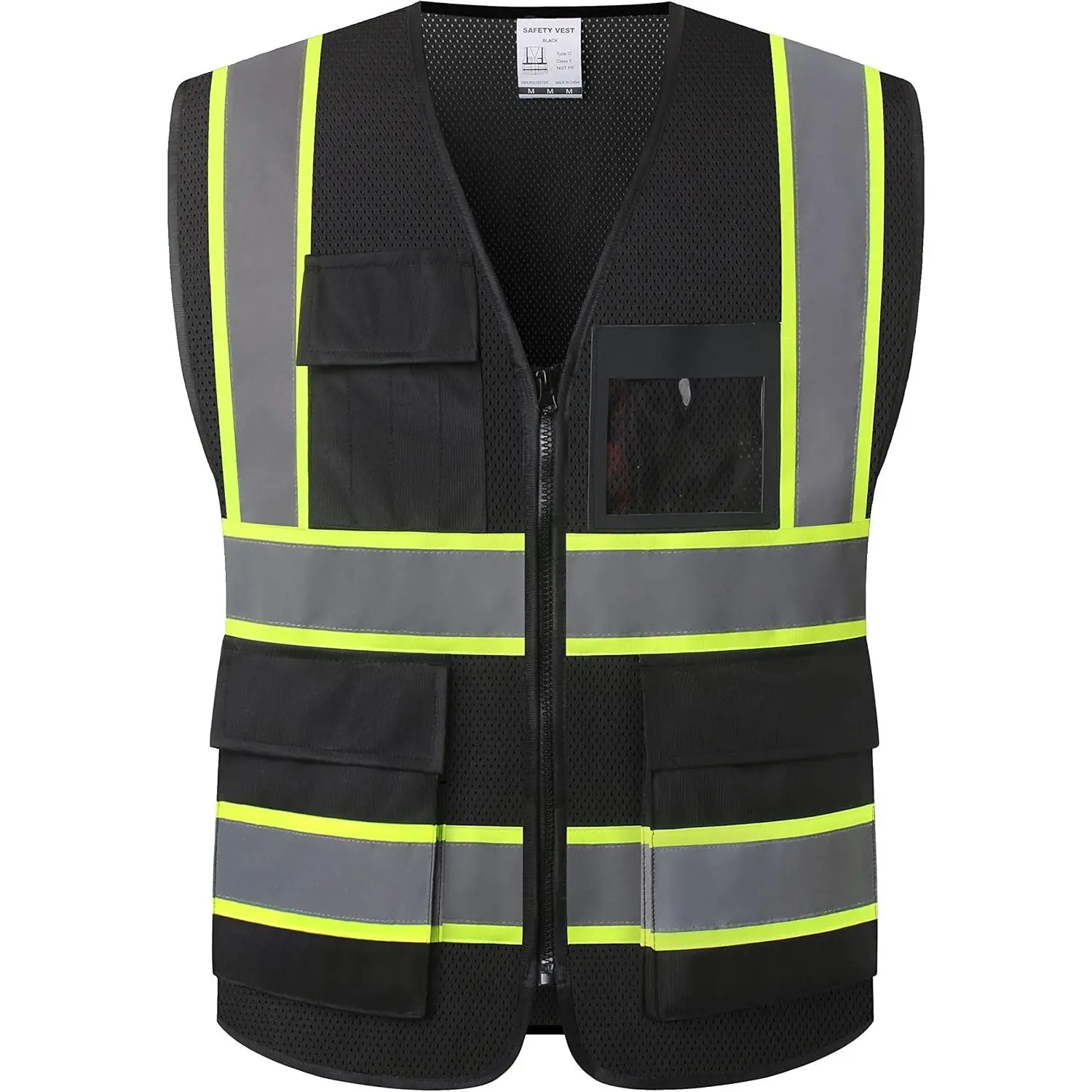 ANSI/ISEA Compliant High Visibility Retro-Reflector Polyester Mesh Safety Vest for Men and Women, 8 Pockets, Front Zipper (Black-07, Large)