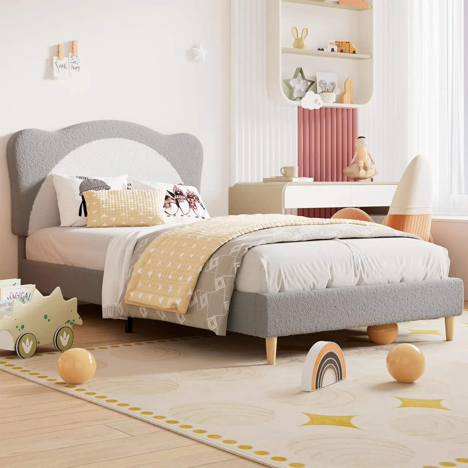 Upholstered Bed Frame for Kids - Cute Velvet Princess Platform Bed with Panda-Shaped Headboard for Girls/Boys, Wood Slats Support, No Box Spring Needed