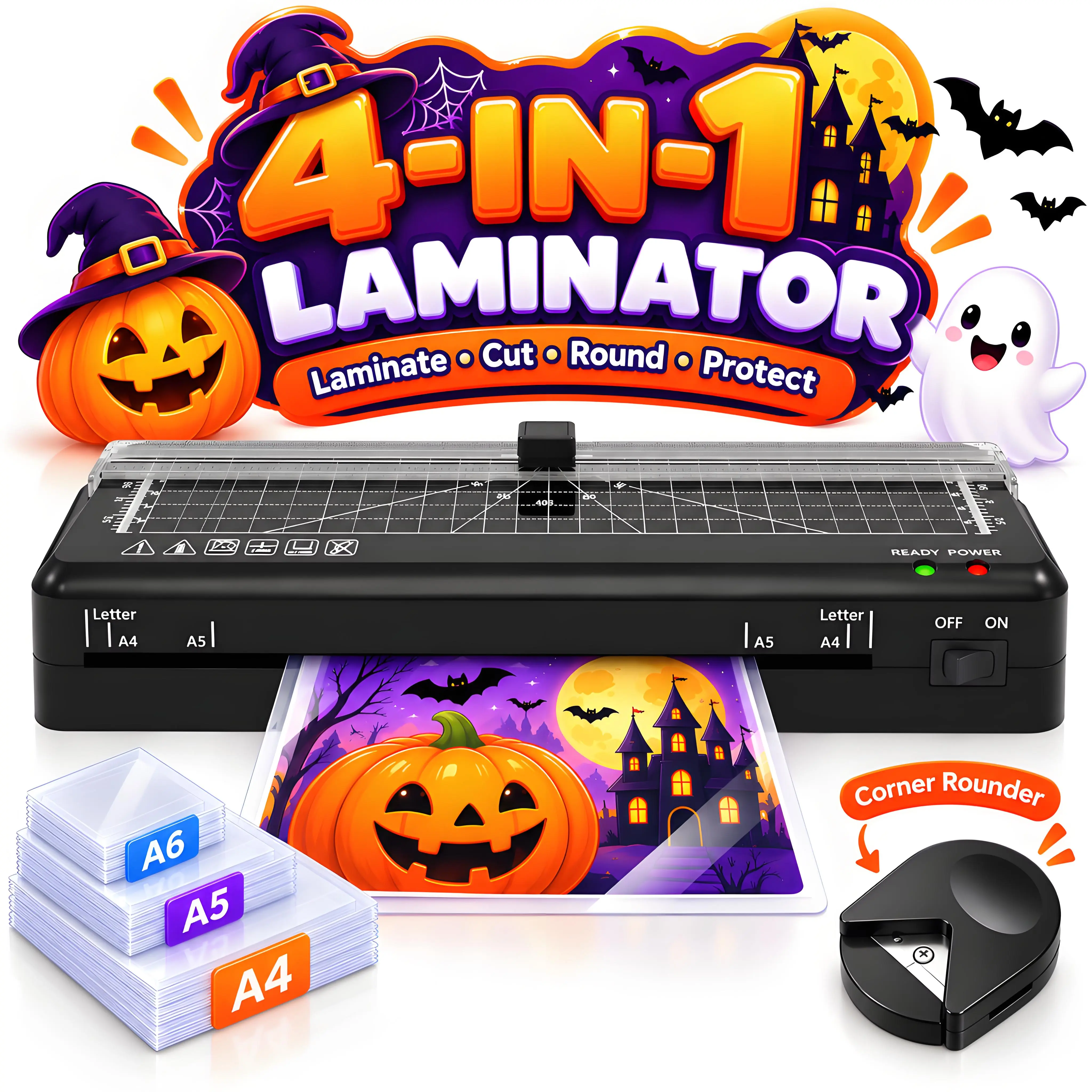 4-in-1 A4 Laminator Kit with Built-in Paper Cutter, 60s Warm-Up, ABS Jam Release System, Ready Light, Compact Safe Easy-to-Move Office Equipment for School Home Use, Ideal for Everyday Document Protection (Photos/Docs/Cards)