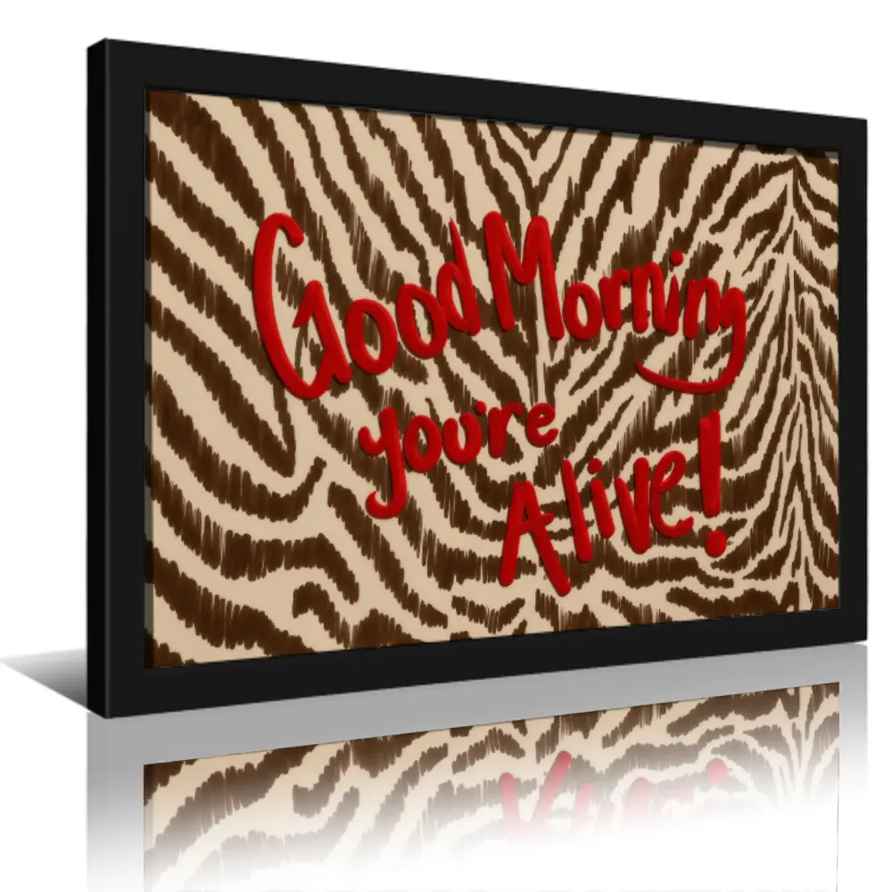"Good Morning, You’re Alive" Motivational Quote Artwork - Bold Red Typography Zebra Print Poster, Lightweight Neutral Color Style Room Decor, Home Gift for Hypebeast Enthusiasts, Large Canvas Wall Art, Modern Minimalist Living Space Piece