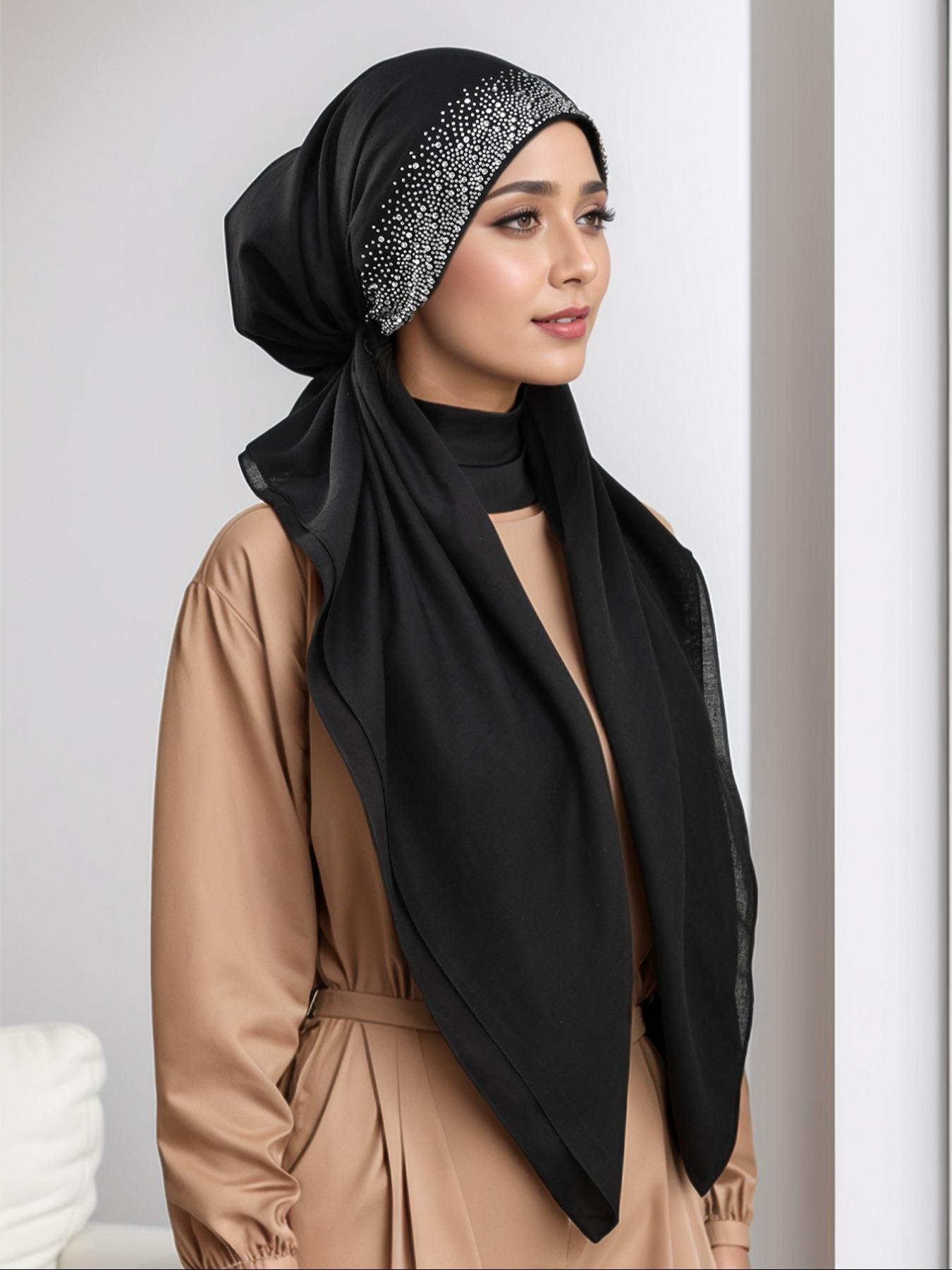 Women's Solid Color Rhinestone Decor Instant Hijab, Modest Fashion Breathable Hijab for Daily Wear, Women's Islamic Accessory for All Seasons, Turban Style Hijab