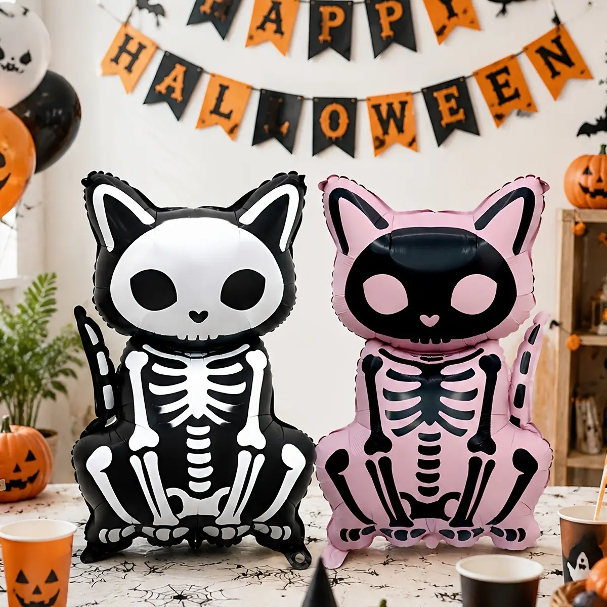 2pcs Skull Cat Balloons, Halloween Skeleton Decor, Aluminum Foil Balloons, Ghost Party Supplies, Cat Party, Haunted House Decor