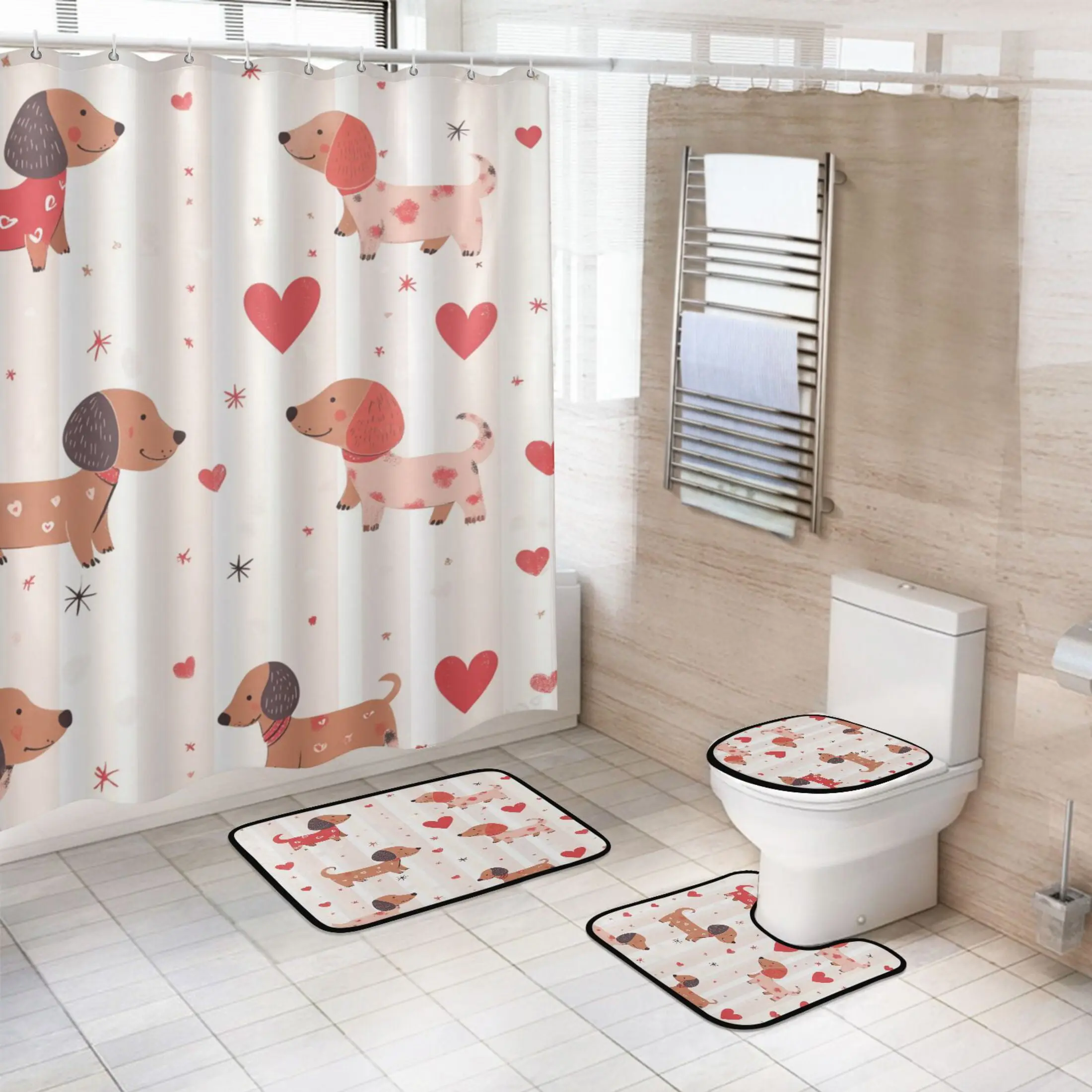 Flannel 4-Piece Bathroom Set - Waterproof Shower Curtain, Non-Slip Bath Mat, U-Shaped Mat, Toilet Lid Cover with Cute Dachshund Design