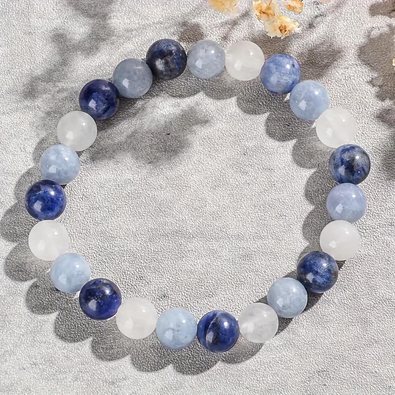 1Count 8mm Natural Sne Bead Bracelet - Elastic Design, "Quiet" Pendant, Blue and White Snes,Reliable for Daily Life and Holiday Celebrations, Attracts Wealth And Good, Holiday Bracelet| Quiet Pendant| Elastic Bracelet