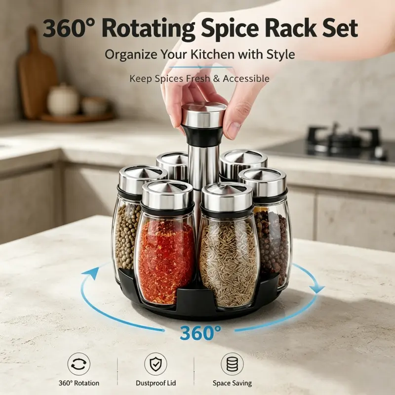 Stylish 360 Rotating Spice Storage Rack Spices Organizer Set Of 6 Glass Seasoning Containers Stainless Steel Dustproof Lid Space Efficient Kitchen Decor