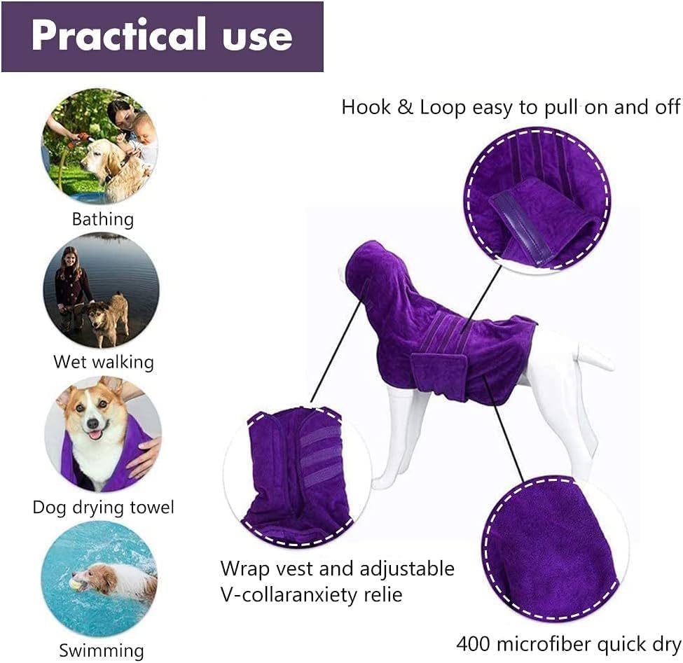 Dog Bathrobe Towel, Super Absorbent Microfiber Pet Drying Robe with Pocket & Adjustable Strap, Fast Drying Dog Bath Towel Wrap for Large Medium Small Dogs