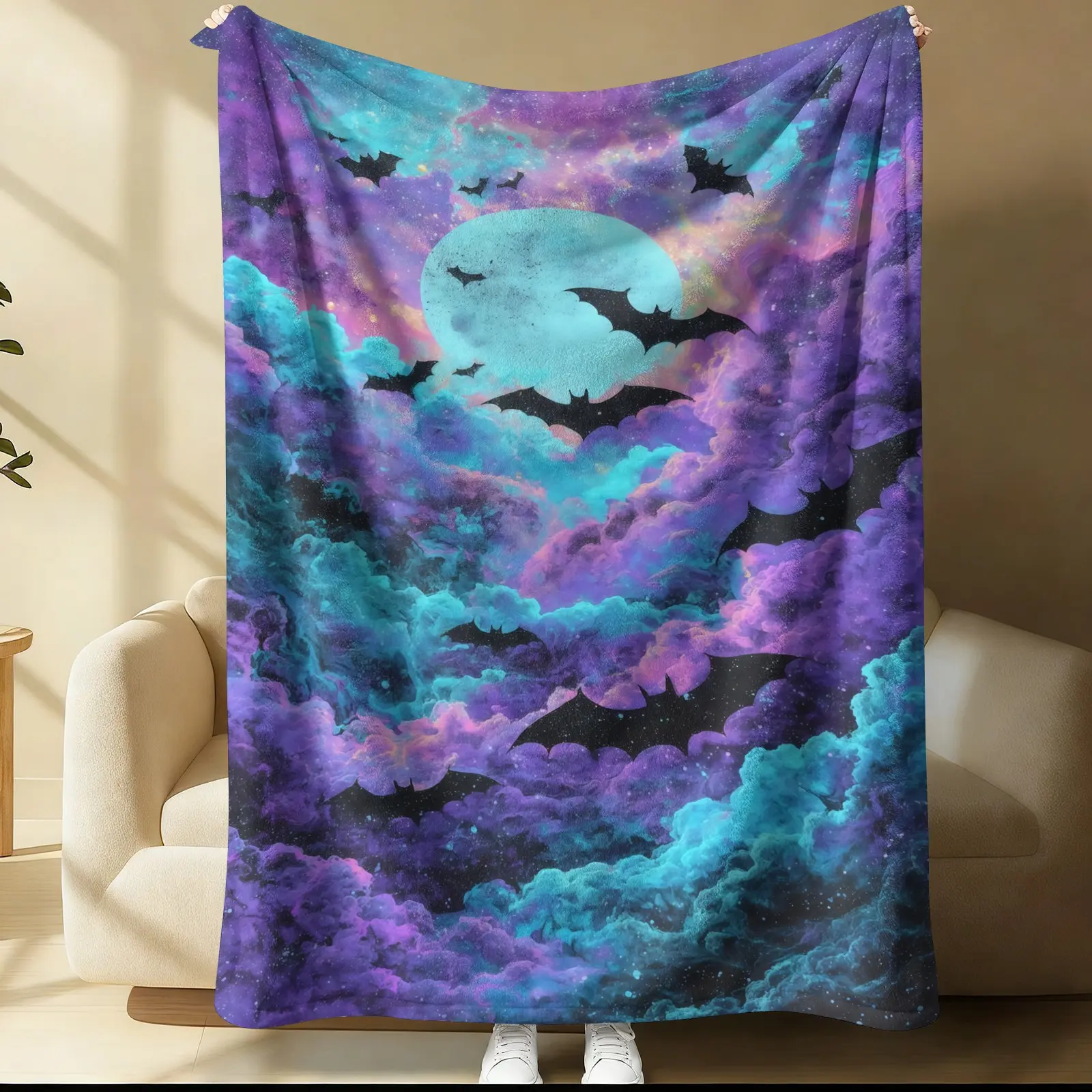 Bat Pattern Blanket, 1 Soft And Comfortable Single-Sided Printed Plush Blanket, Suitable For Sofa, Office, Travel, Outdoor Camping