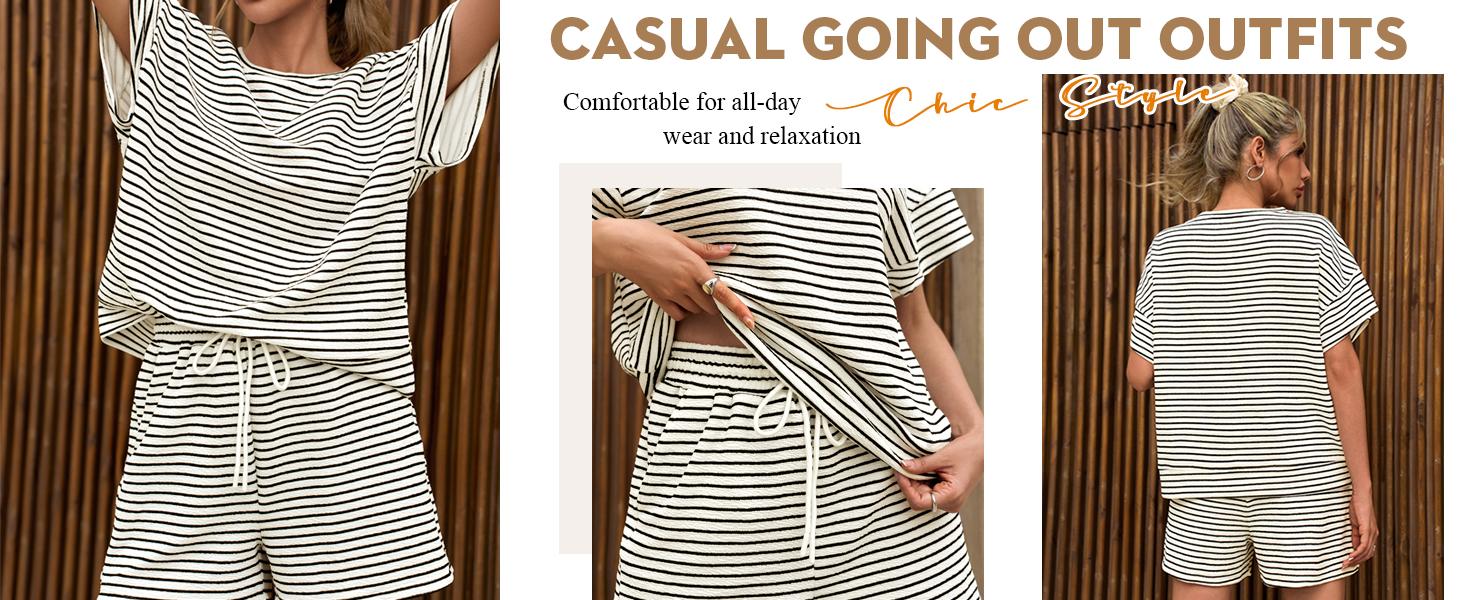 Aoysky Womens Striped 2 Piece Lounge Sets Short Sleeve Oversized T Shirts Drawstring Shorts Matching Set Aoysky Womens Striped 2 Piece Lounge Sets Short Sleeve Oversized T Shirts Drawstring Shorts Matching Set