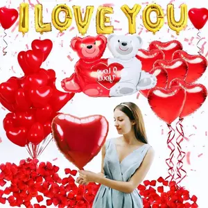 Cute Balloon Decoration Kit with Romantic Heart-Shaped Latex Balloons, I LOVE YOU Foil Letters, and Silk Rose Petals - Helium Supported for Valentine's Day, Wedding, Anniversary, Helium Filling