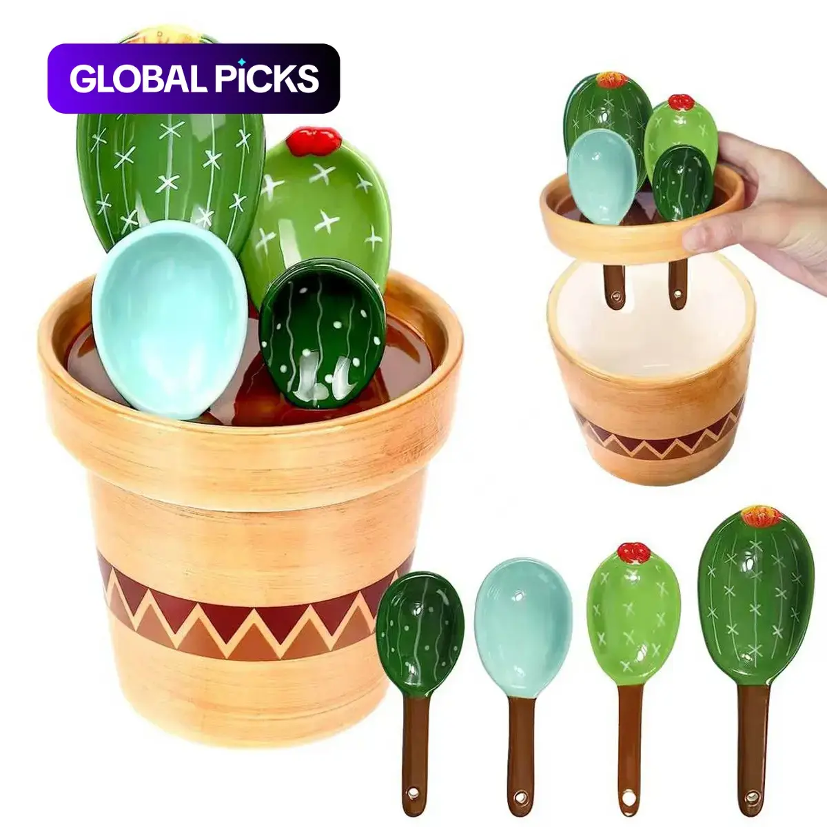 4pcs Cactus Measuring Spoons in Pot, Cute Ceramic Measuring Spoons and Cups, Kitchen Measuring Utensils, Food Measuring Tool, Kitchen Cacti Spoon with Holder, Baking Measuring Cups Ornaments Gift
