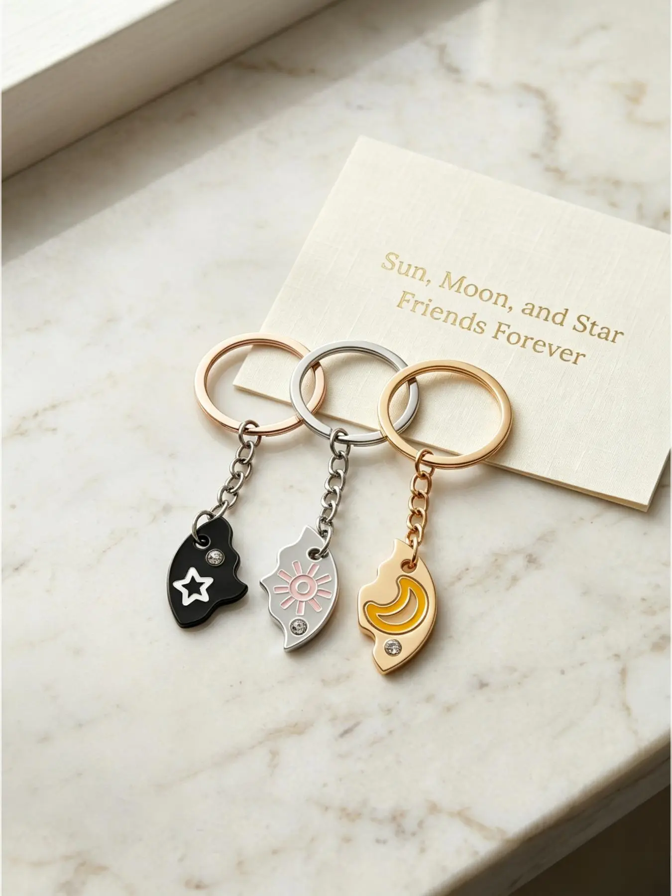 Summervibes Set of 3 Round Rhinestone Star Moon Sun Friendship,Keychain Best Friends Forever Fantasy Cute Pendantfor Unbreakable Friendship