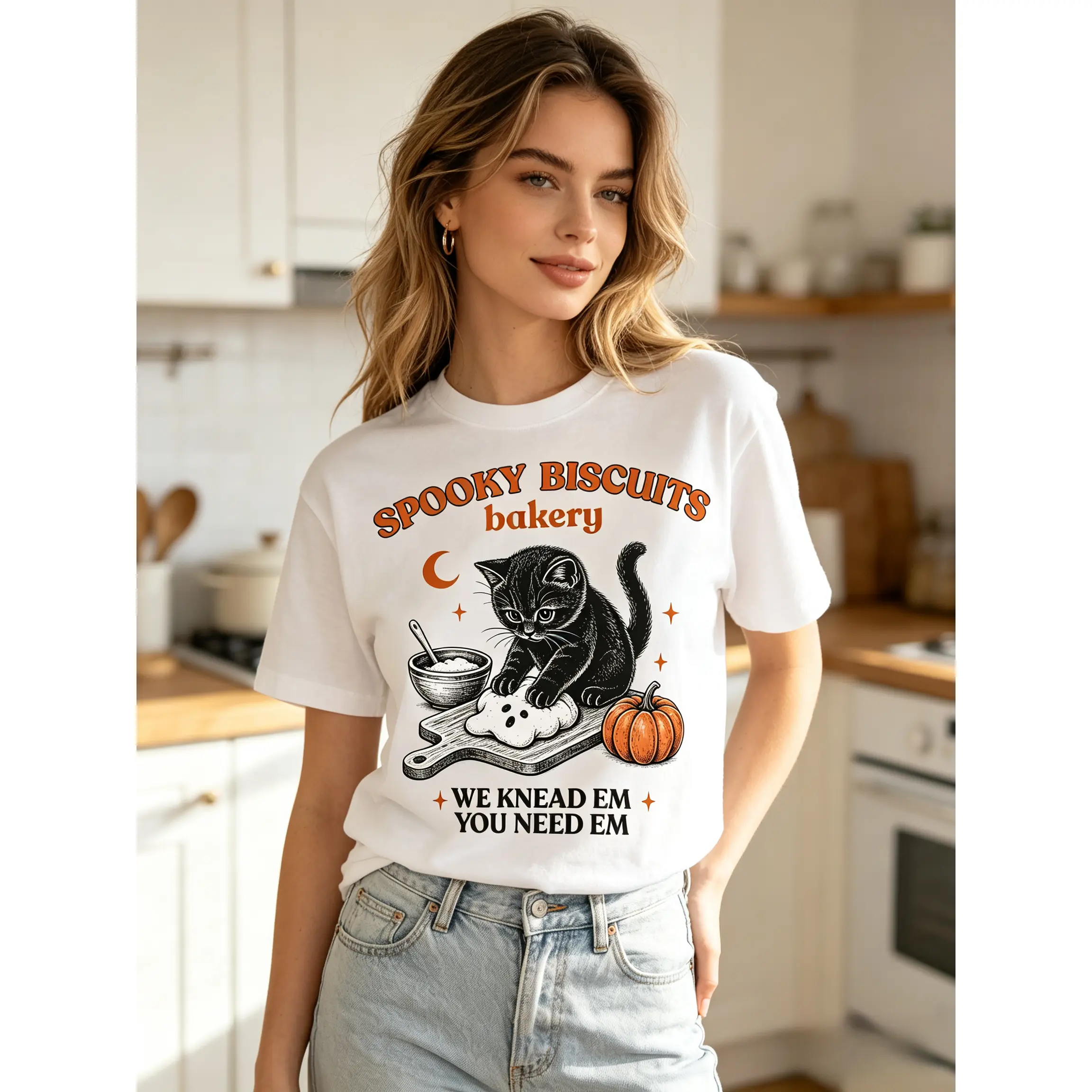 Kitty Biscuits T-Shirt with Black Cat Pumpkin Graphic, Casual Vintage Streetwear for Fall, Soft Comfort Colors Cotton Fashion Top for Cat Lovers, Fabric, Apparel, Ribbed, Unisex, Oversized, Fit, Print, Loose, Everyday, Shortsleeve, Digital Print