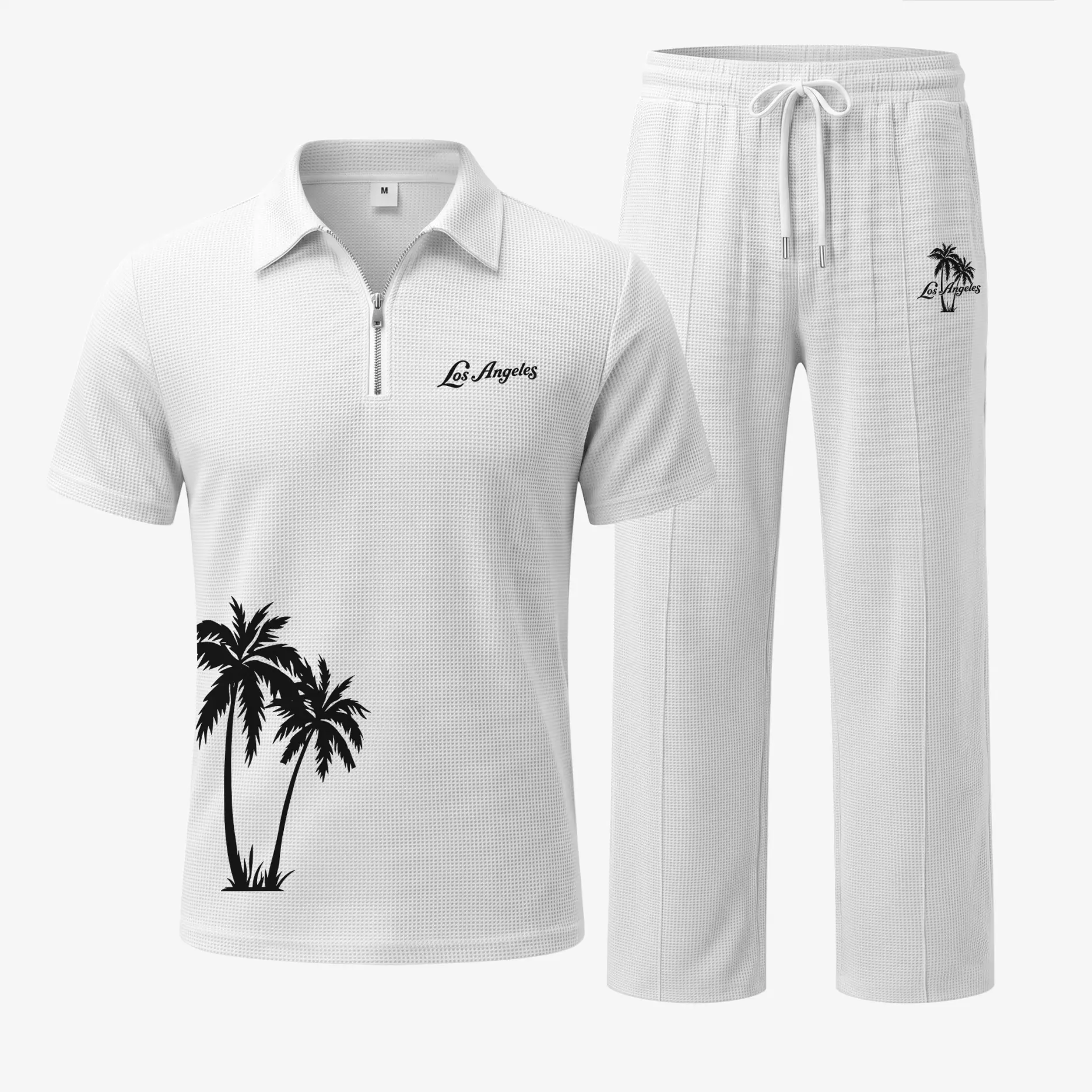 Men’s Los Angeles Palm Tree Print Waffle Fabric Zip Collar Polo Shirt and Pants Set, Short Sleeve Polo Top with Matching Drawstring Trousers, Casual Two Piece Outfit