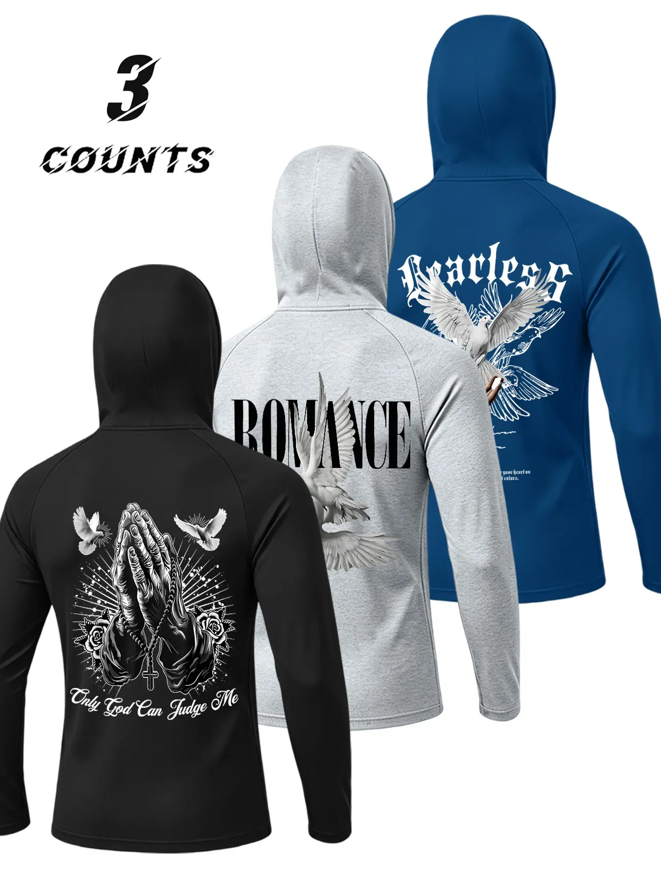 Men's 3-Pack Hooded Long Sleeve Tops, American Retro Gothic Print, Stretch Quick-Dry Fabric, Sporty Style, Ideal for Fitness and Streetwear