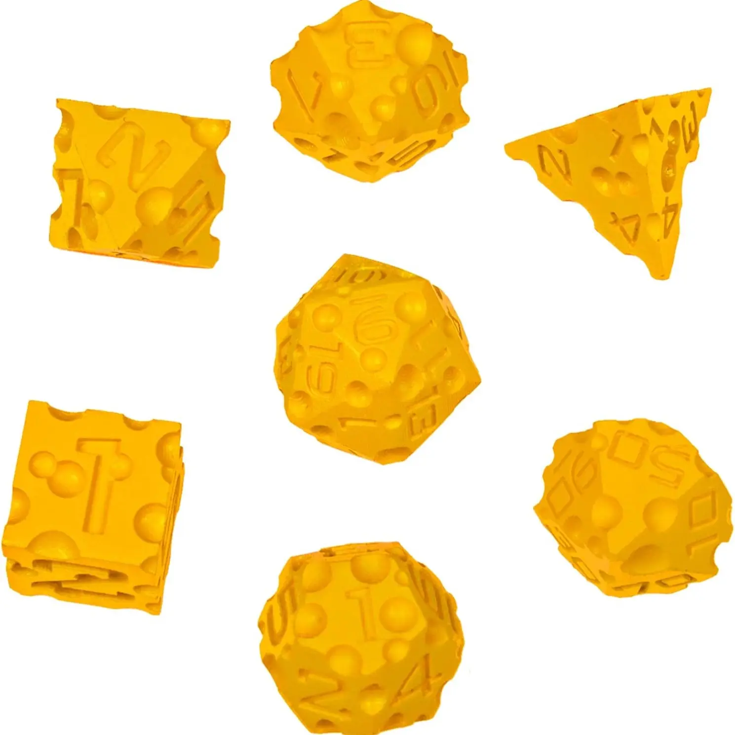 3D Printing Dnd Cheese Dice Set of 7, Multi-Sided Food Theme, Ideal for Dungeons & Dragons, Pathfinder, Tabletop Rpgs, Mtg