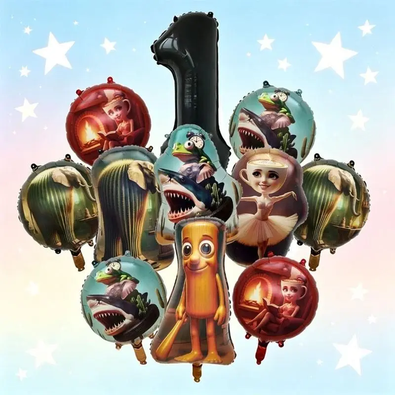 13-Piece Weird Theme Party Balloon Set, Includes 32-Inch Number Mylar Balloons, Stick Figure / Cactus Elephant / Ballet Dancer Cappuccino / Cactus Desert Weird Pattern Aluminum Foil Balloon，Suitable for children's birthday decorations prank-themed