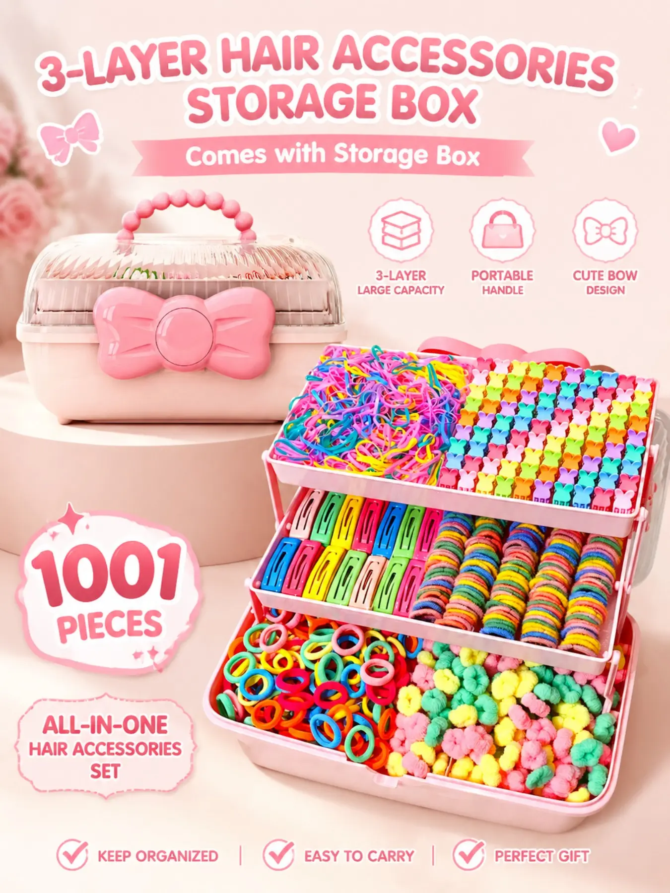 1001pcs Rainbow Hair Accessory Gift Box with 3-Tier Storage, Colorful Hair Accessories, Includes Colorful Elastics, Hair-Friendly Ties, Duckbill Clips & Claw Clips, Perfect for Girls' Daily Styling, Parties & Gift Giving, Hair Accessory Sets