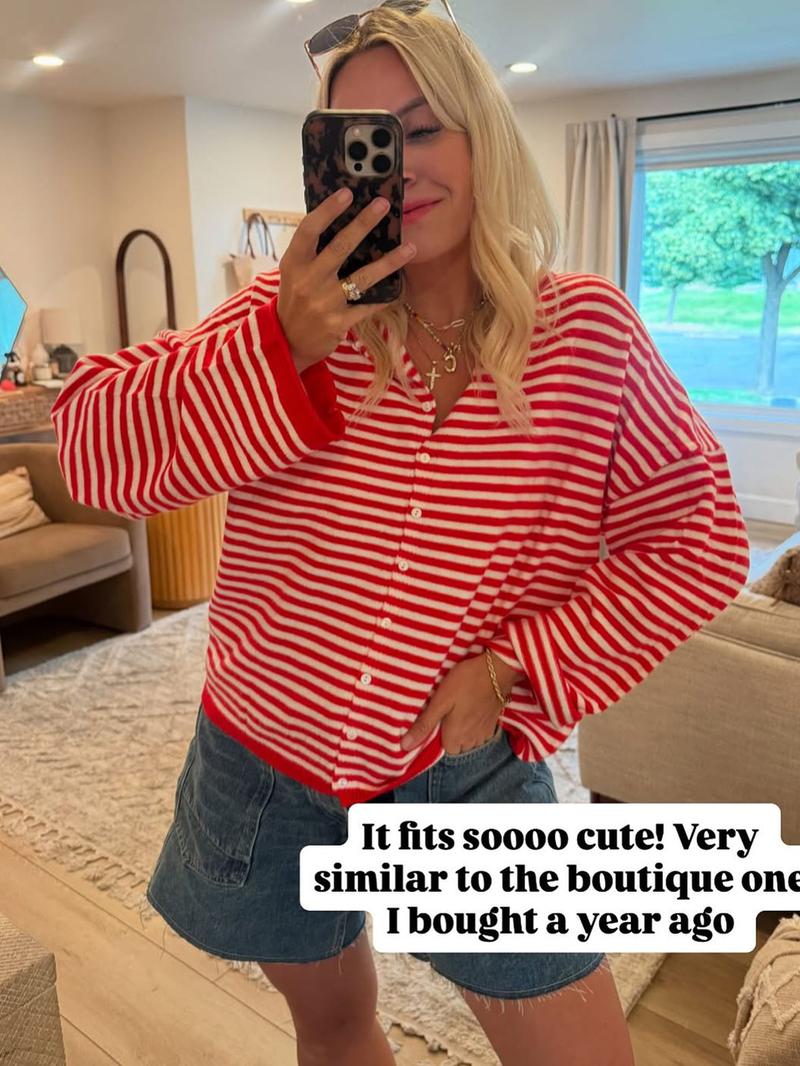 Women's Striped Casual Long Sleeve Loose Knit Sweater, Lightweight Fall & Winter Fashion, Button Front Open Front Design Women's Striped Casual Long Sleeve Loose Knit Sweater, Lightweight Fall & Winter Fashion, Button Front Open Front Design