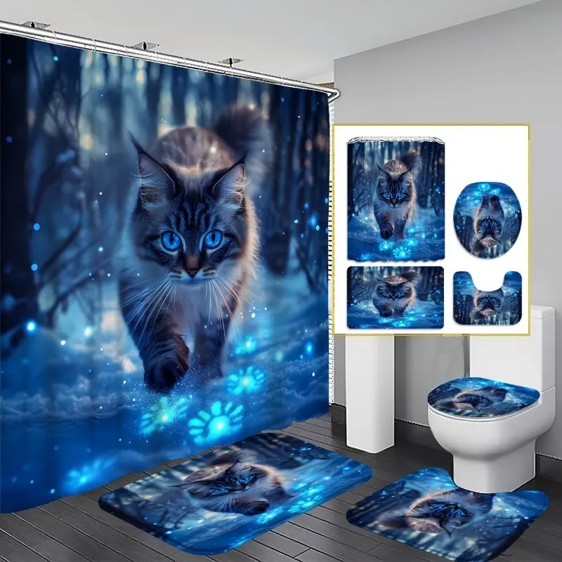 Magic Cat Bath Curtain Set, 4-Piece Aesthetic Bathroom Decor, Includes Rug, U-Shaped Pad, Toilet Lid Cover, 12 Hooks, Cat Theme, Home Decoration