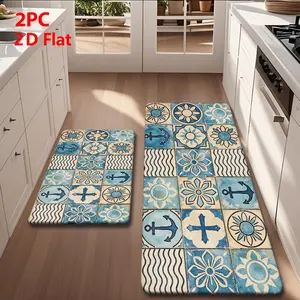 2/3pcs Flannel Kitchen Mat Set, Blue Vintage Floral Patchwork, Retro Industrial Style, Non-Slip, Absorbent, Home Decor
