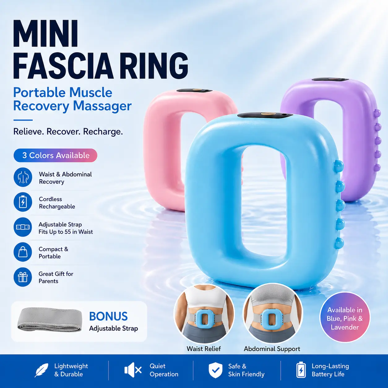 2026 New Fascia Ring Mini Muscle Recovery Fascia Device upgraded adjustable strap fits Up to 55in waist, Cordless Rechargeable, Designed for Waist & Back Muscle Recovery portable massager parents gift summervibes