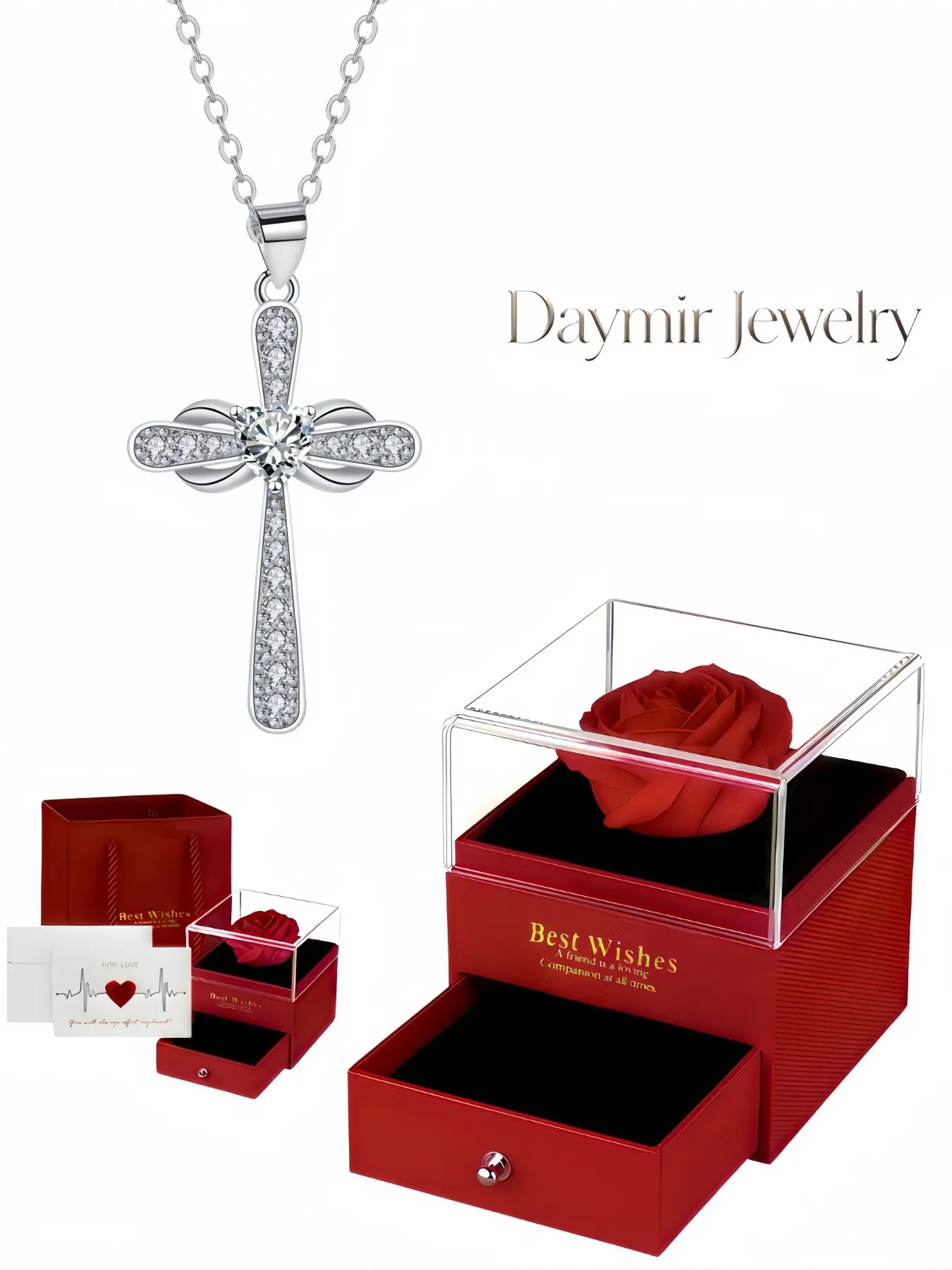 "Cross Diamond Oath", niche stylish cross pendant gem necklace matched with preserved rose jewelry box, ideal gifts for birthdays, Mother’s Day, Valentine’s Day and Christmas.