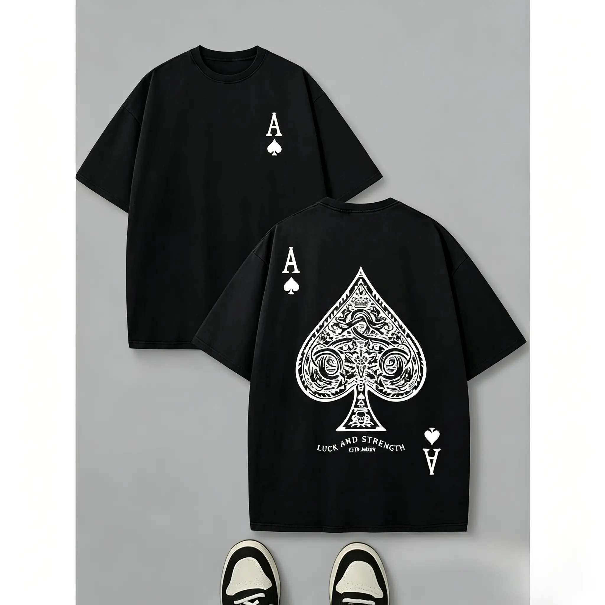 Unisex Oversized Ace Spade Graphic Short Sleeve T-Shirt, Heavyweight Cotton Double Sided Print Casual Streetwear Top, Vintage Inspired Daily Tee