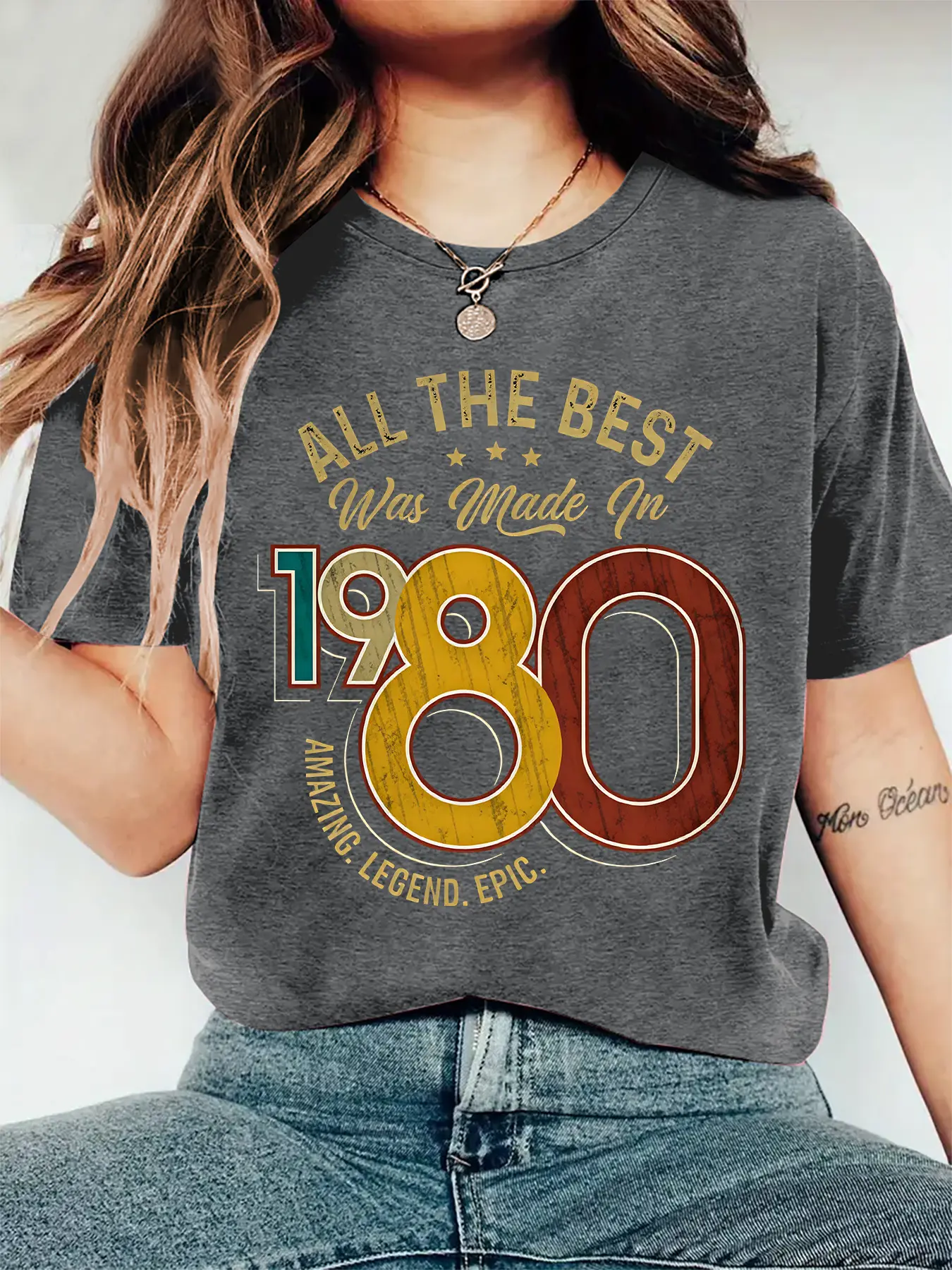 Women Crew Neck Tee, Retro 1980 Vintage Distressed Text Print, multi-color washable spring summer top